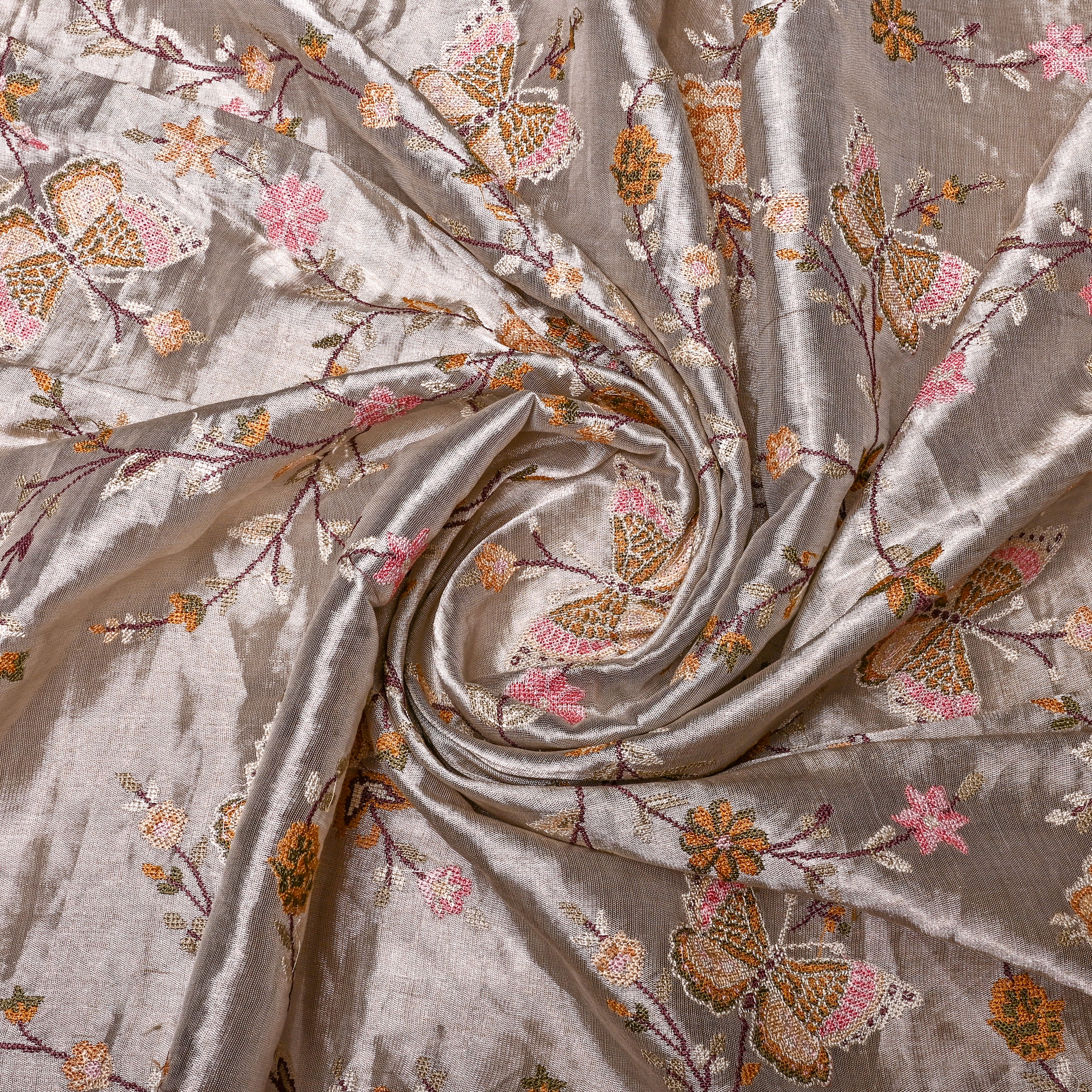 Silver Tissue Fabric With Butterfly Embroidery