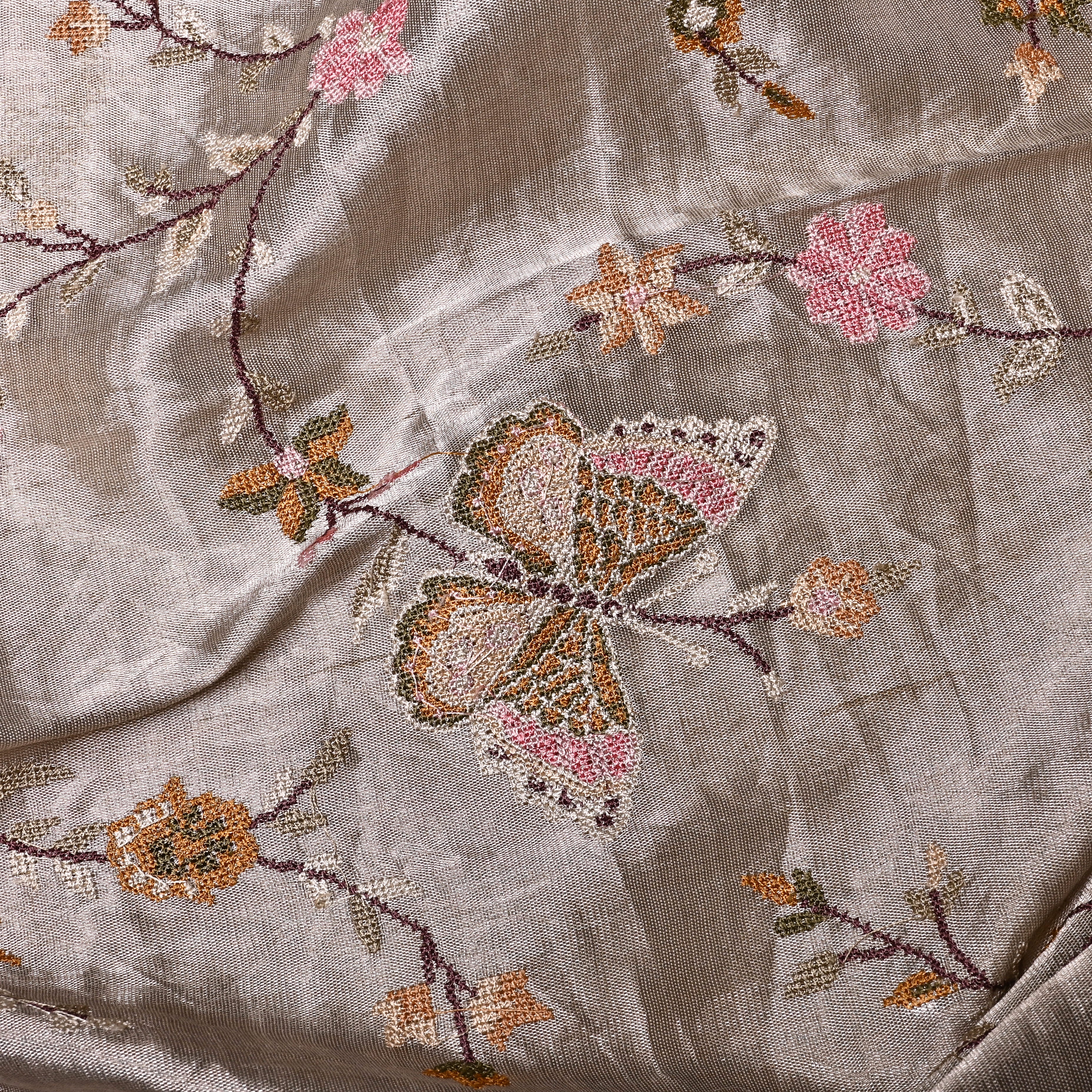 Silver Tissue Fabric With Butterfly Embroidery