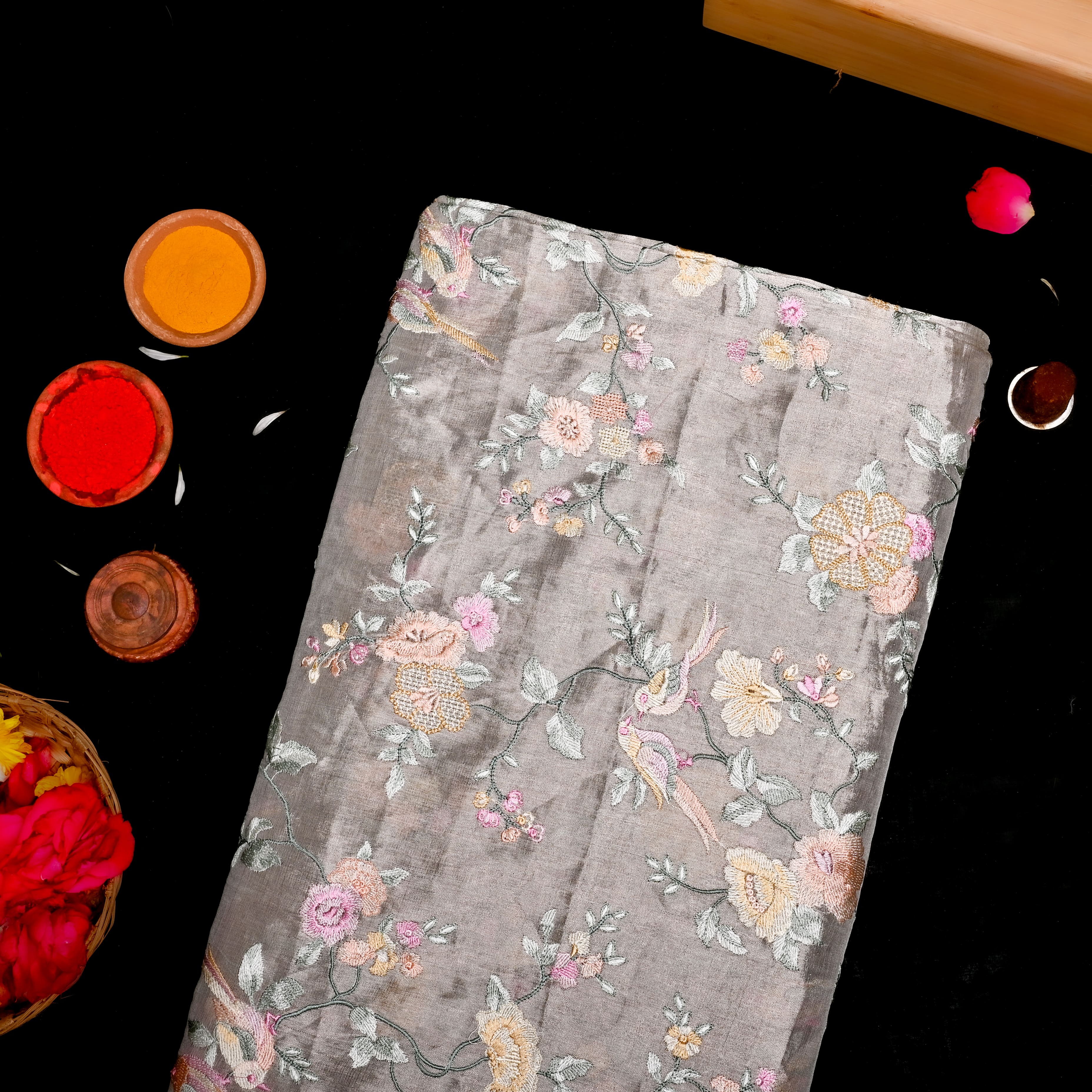 Quarter Silver Sand Tissue Fabric With Embroidery