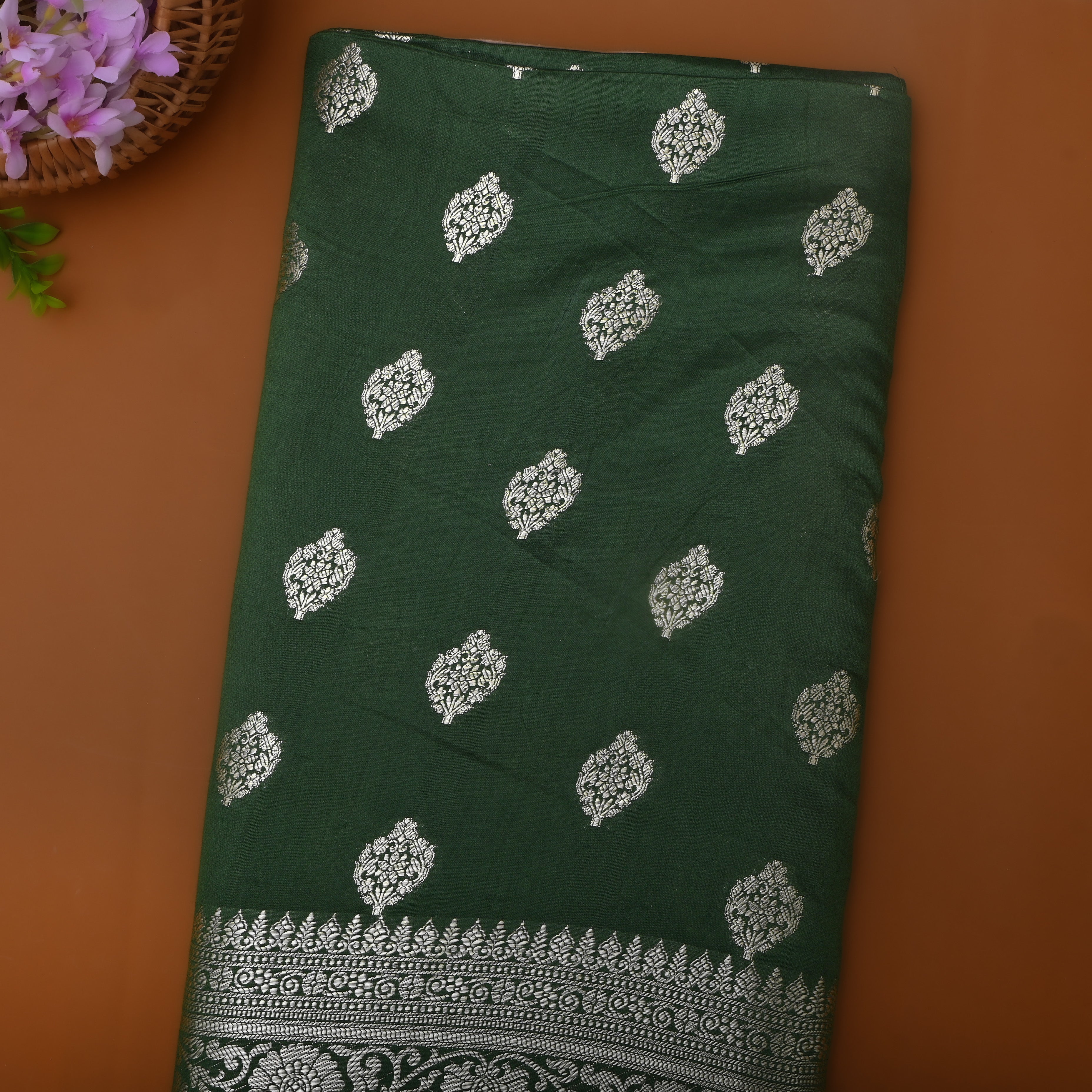 Bottle Green Floral Silver Zari Silk Fabric