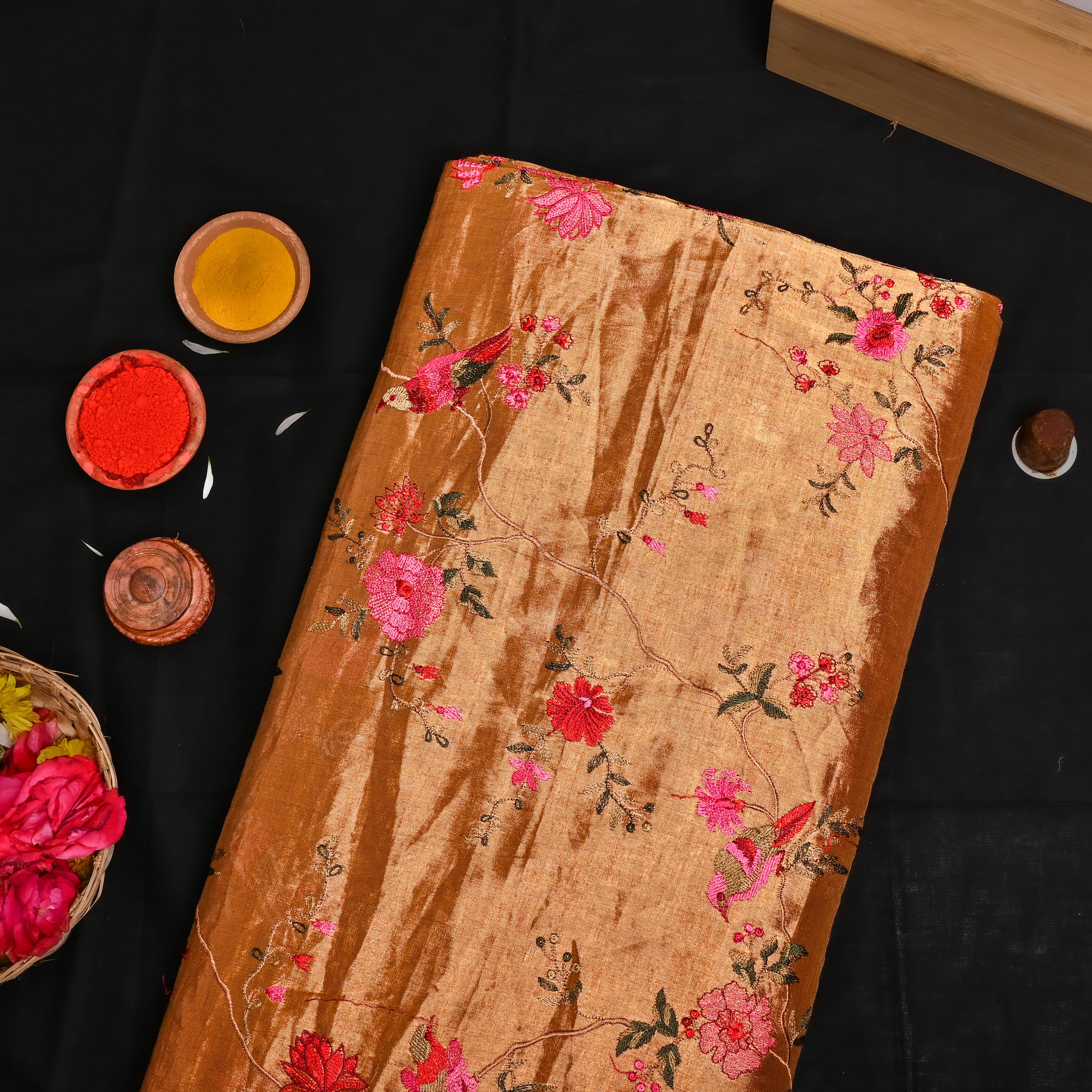 Gold Tissue Fabric With Coloured Thread Embroidery