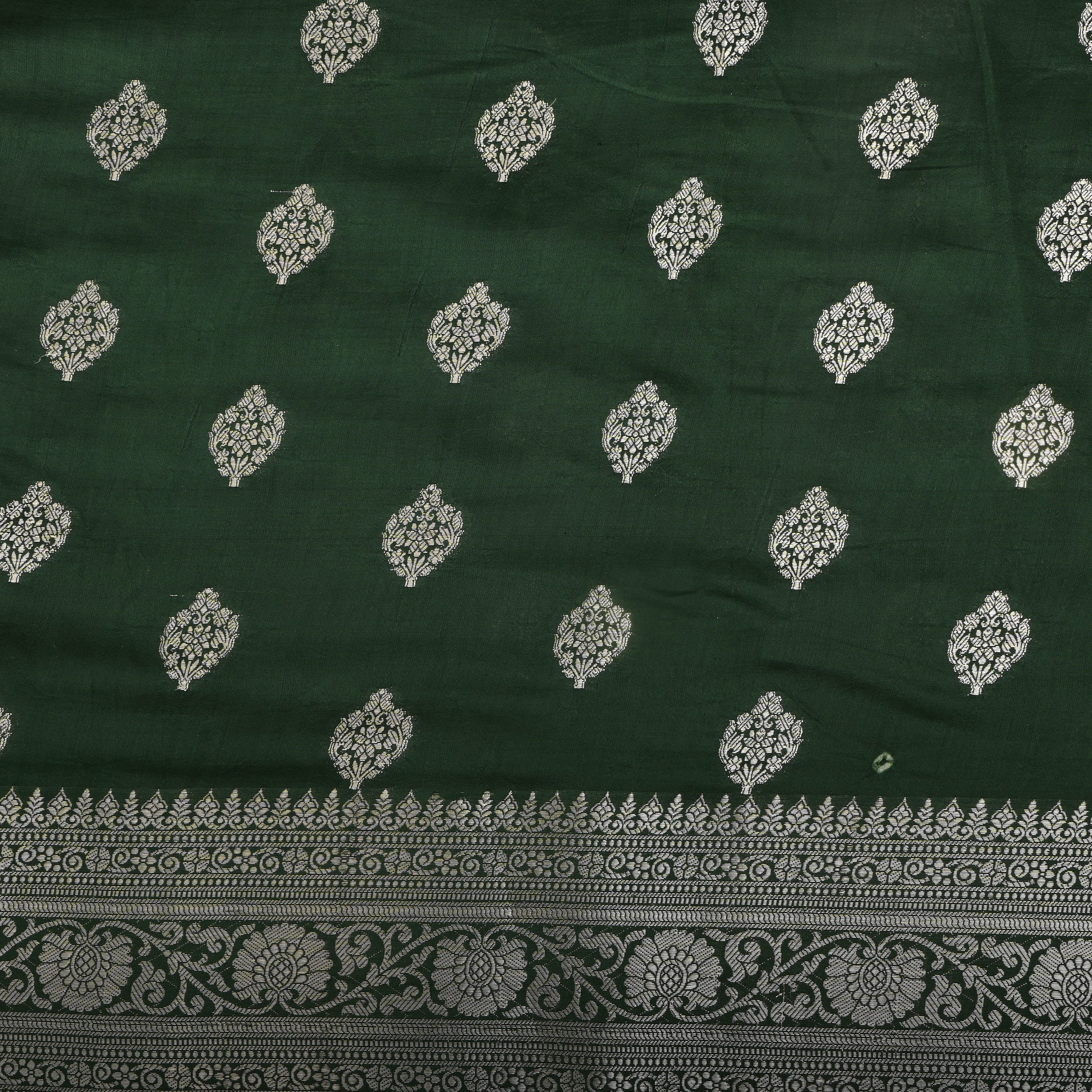Bottle Green Floral Silver Zari Silk Fabric