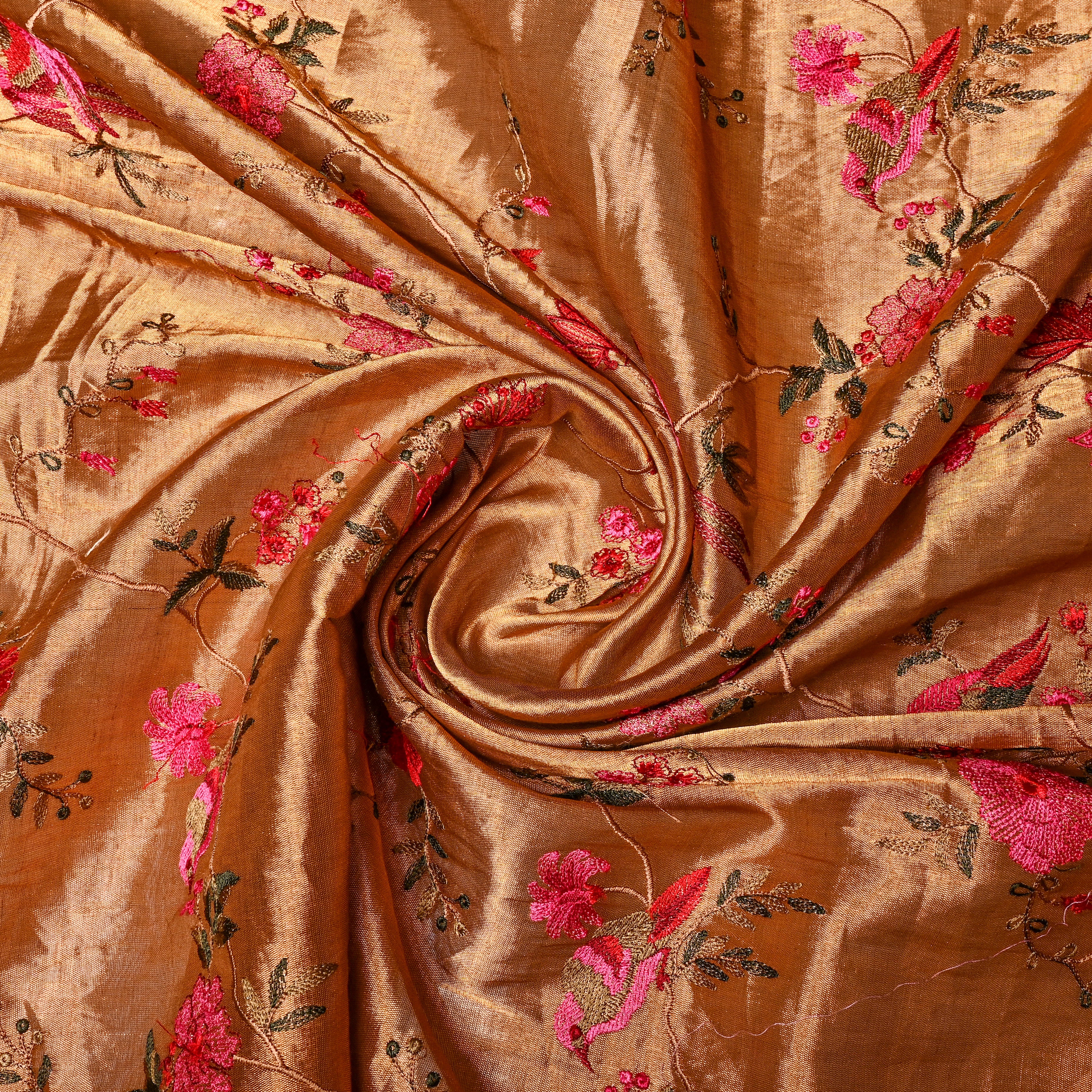 Gold Tissue Fabric With Coloured Thread Embroidery
