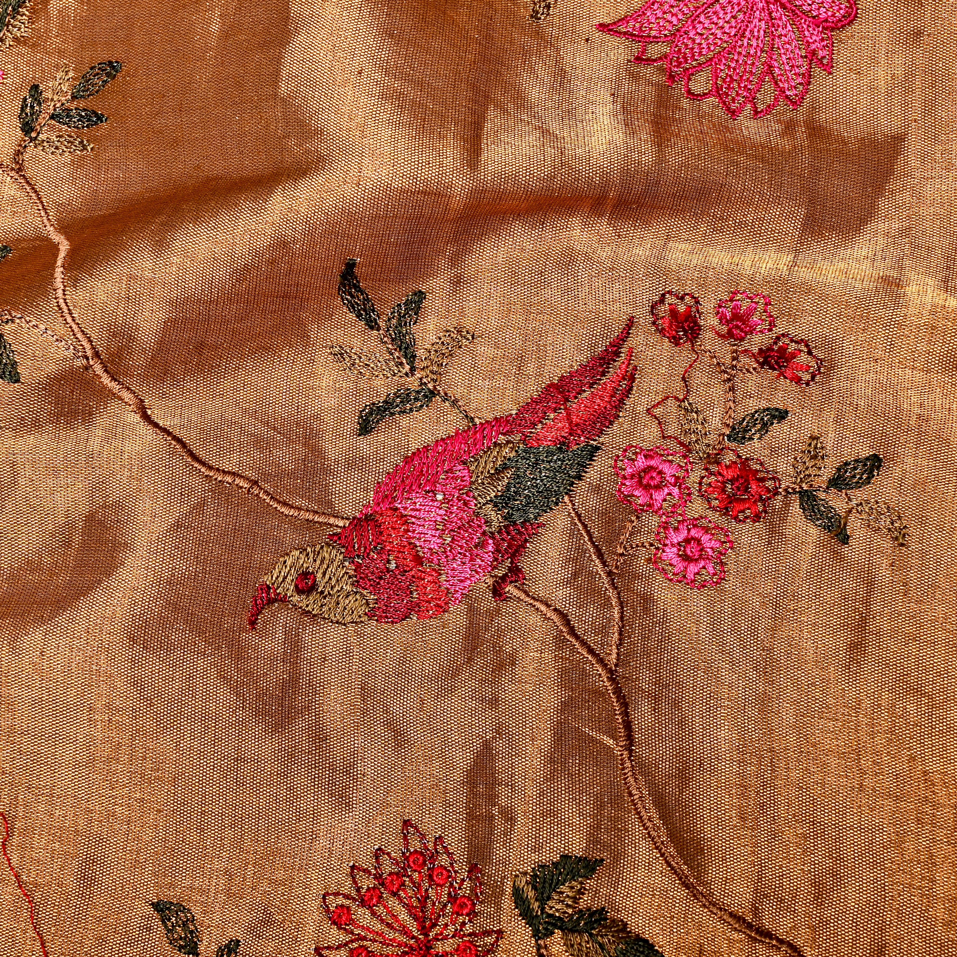 Gold Tissue Fabric With Coloured Thread Embroidery