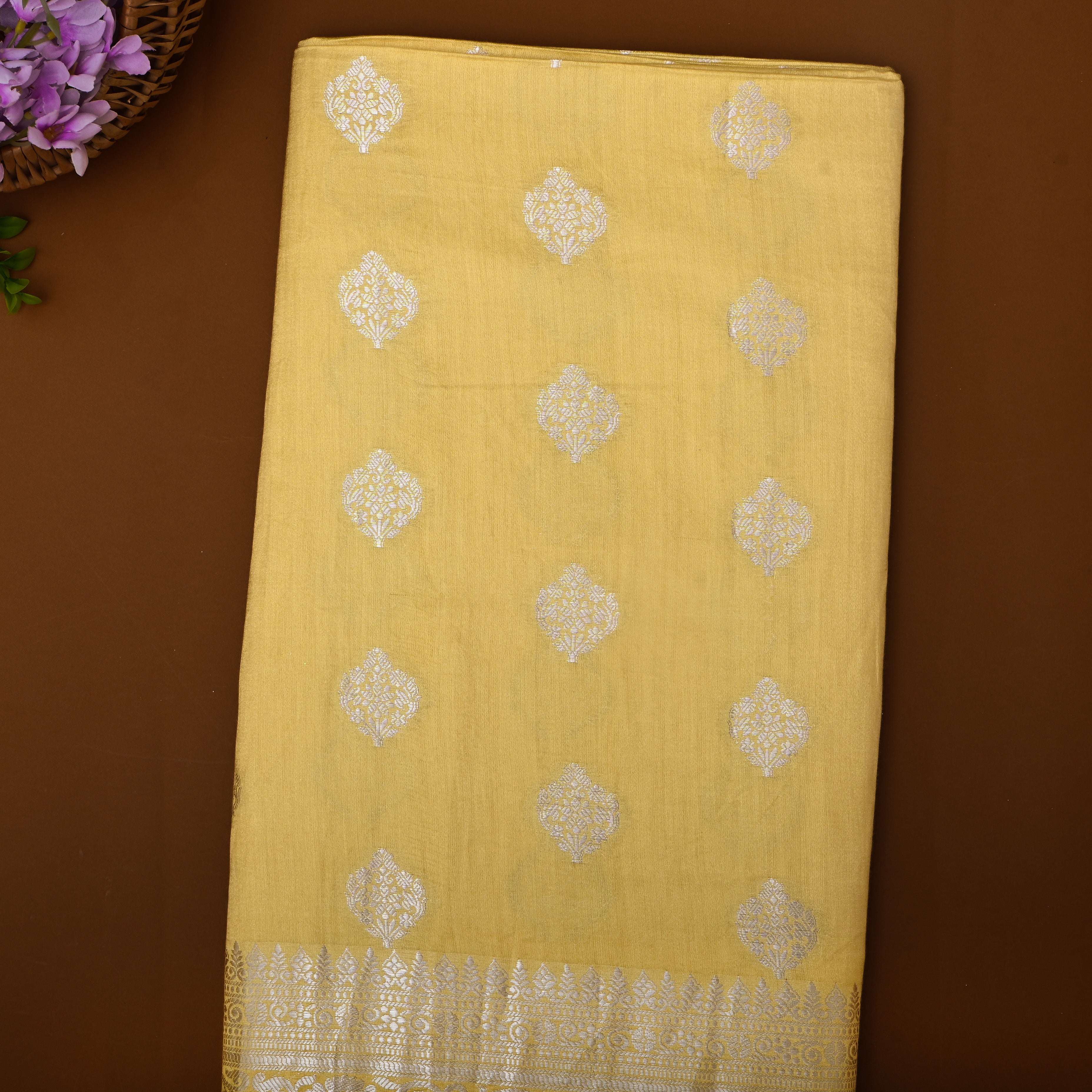 Soft Yellow Floral Silver Zari Silk Fabric
