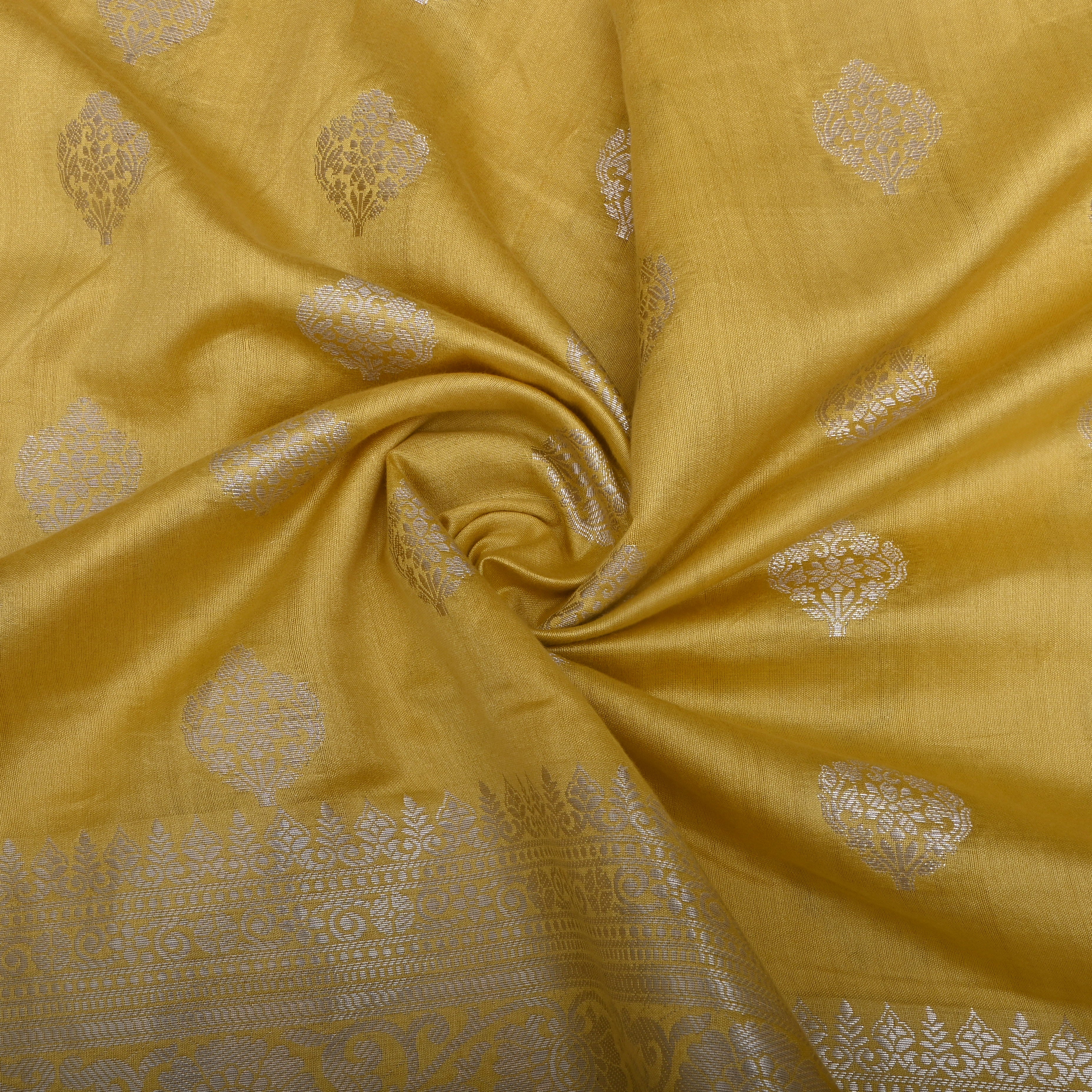Soft Yellow Floral Silver Zari Silk Fabric