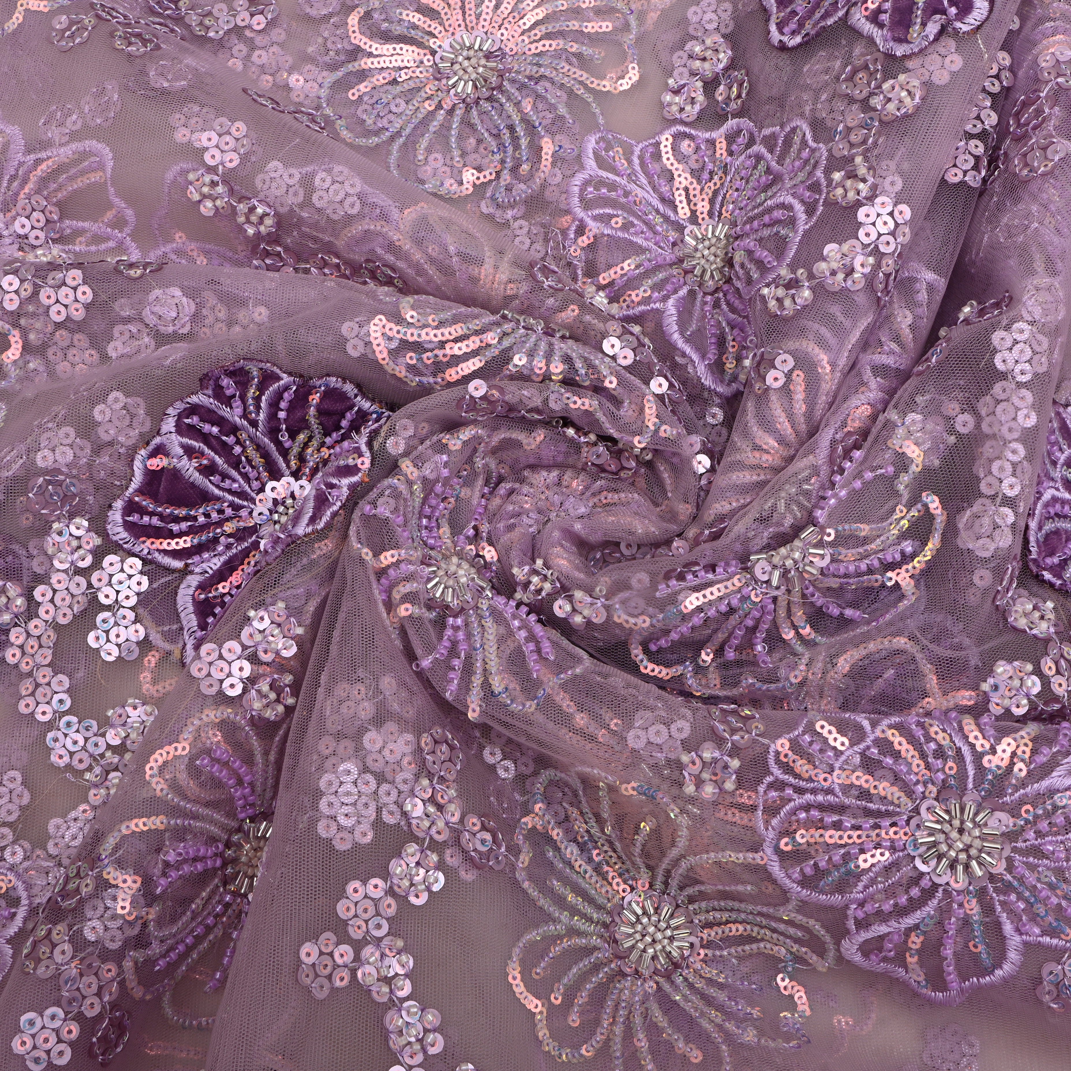 Pastel Lavender Floral Embroidered Net Fabric