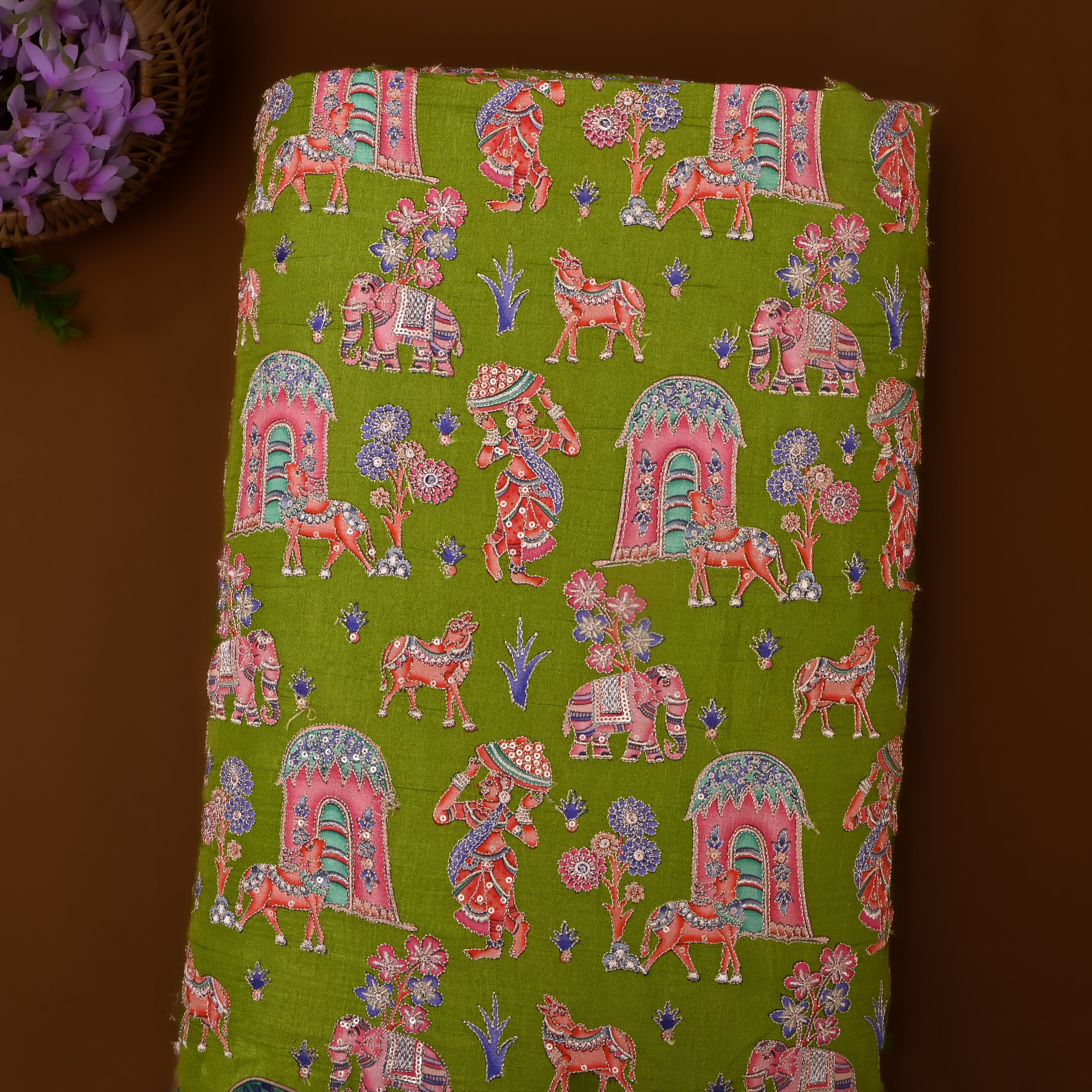 Green Figurative Print Silk Fabric