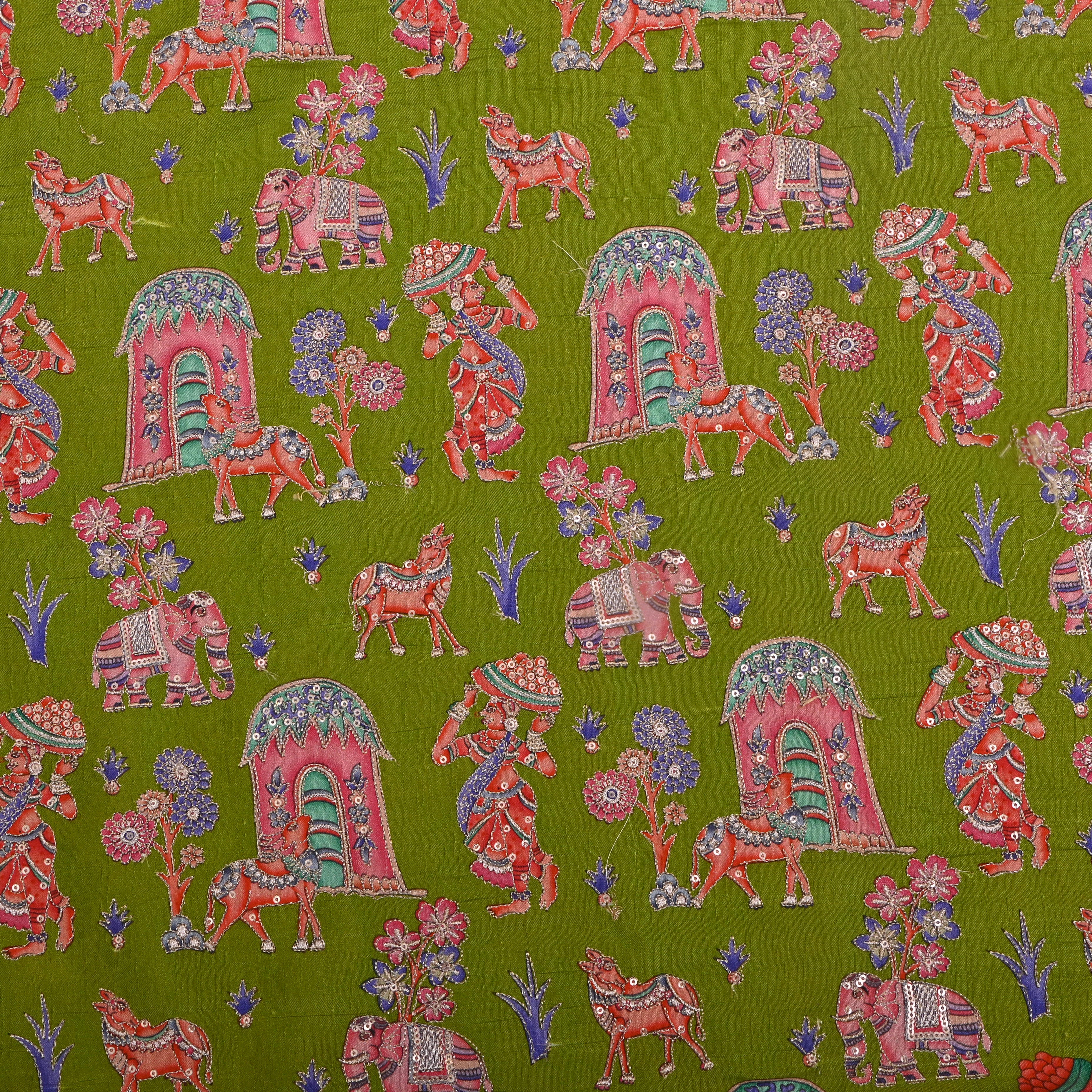 Green Figurative Print Silk Fabric