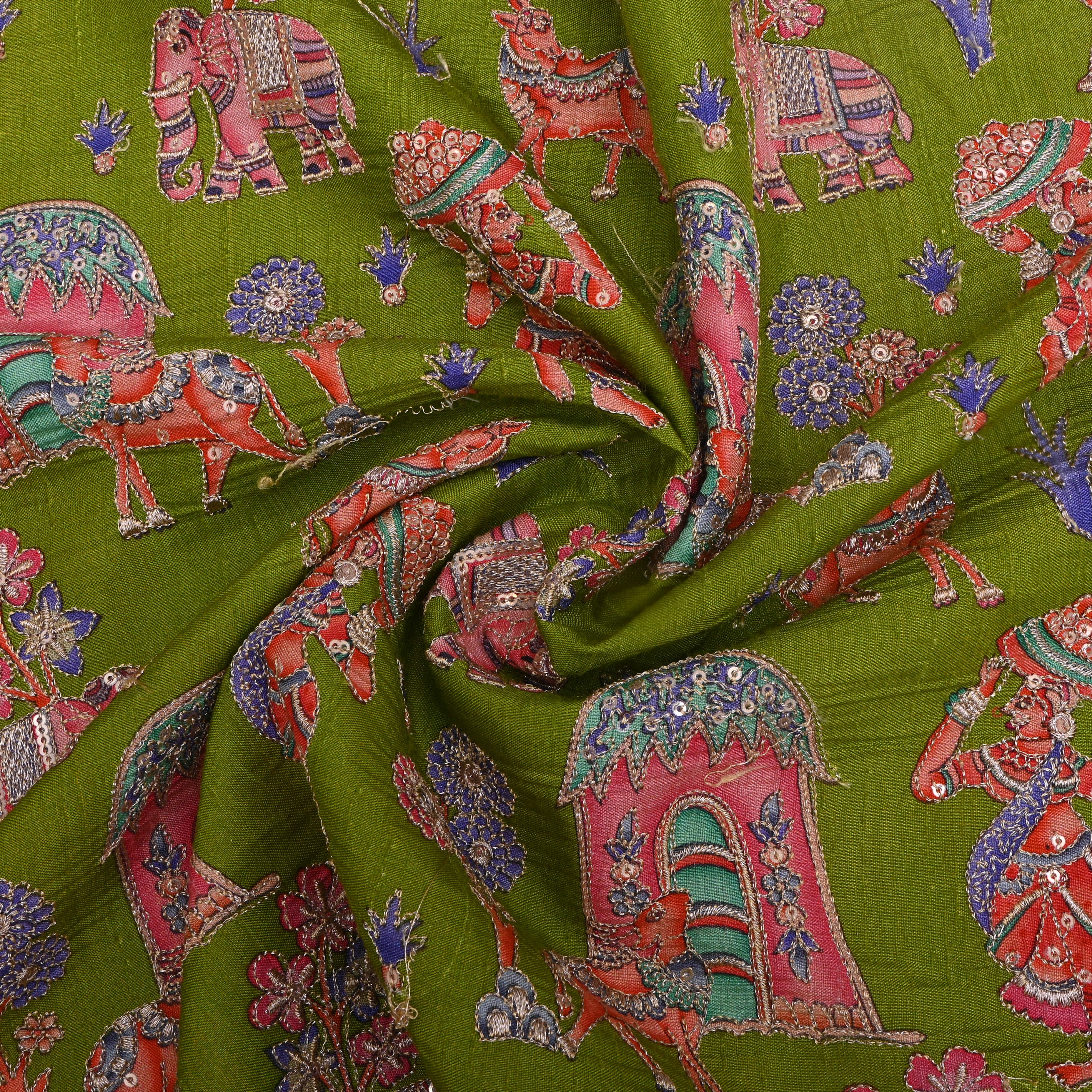 Green Figurative Print Silk Fabric
