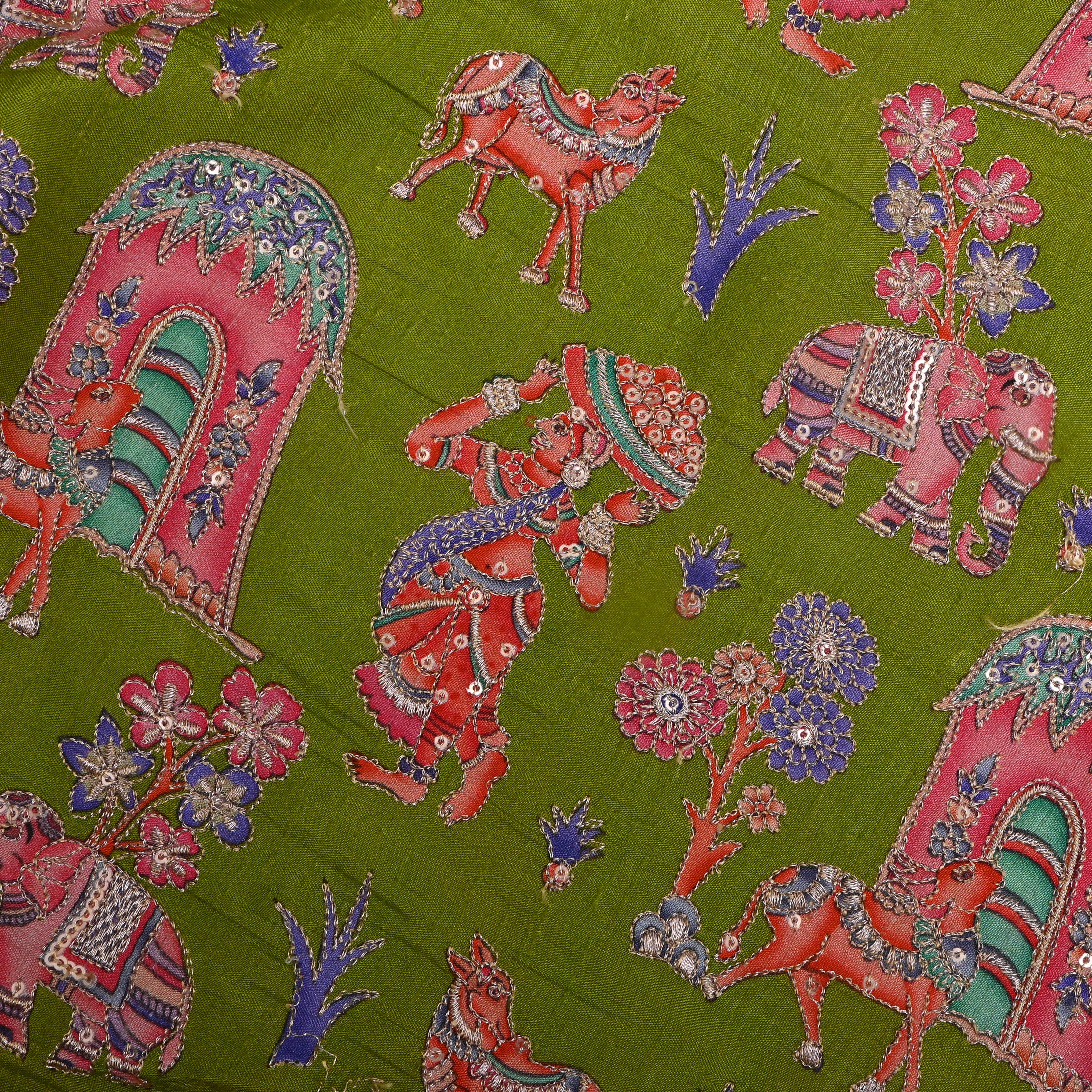 Green Figurative Print Silk Fabric