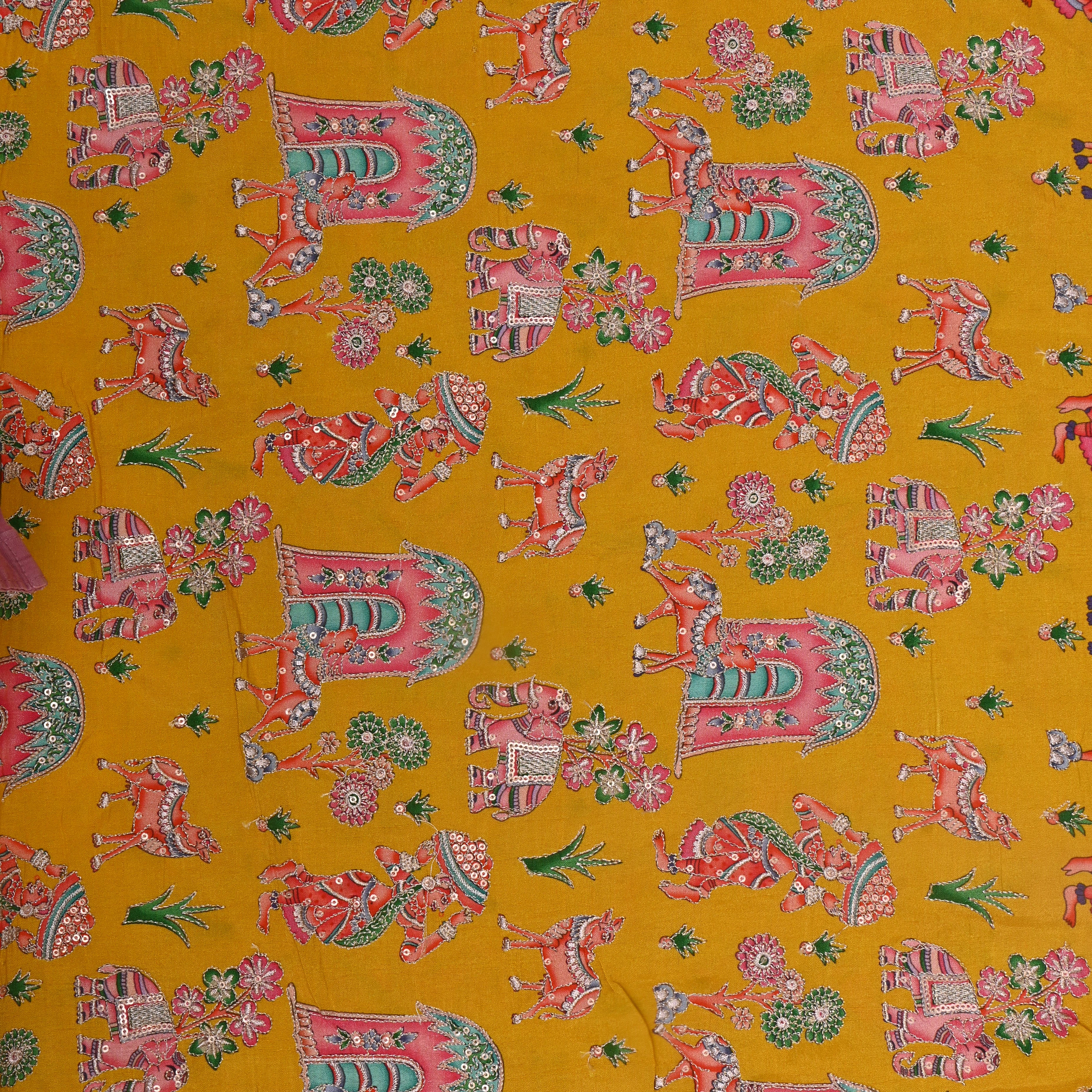 Mustard Yellow Figurative Print Silk Fabric