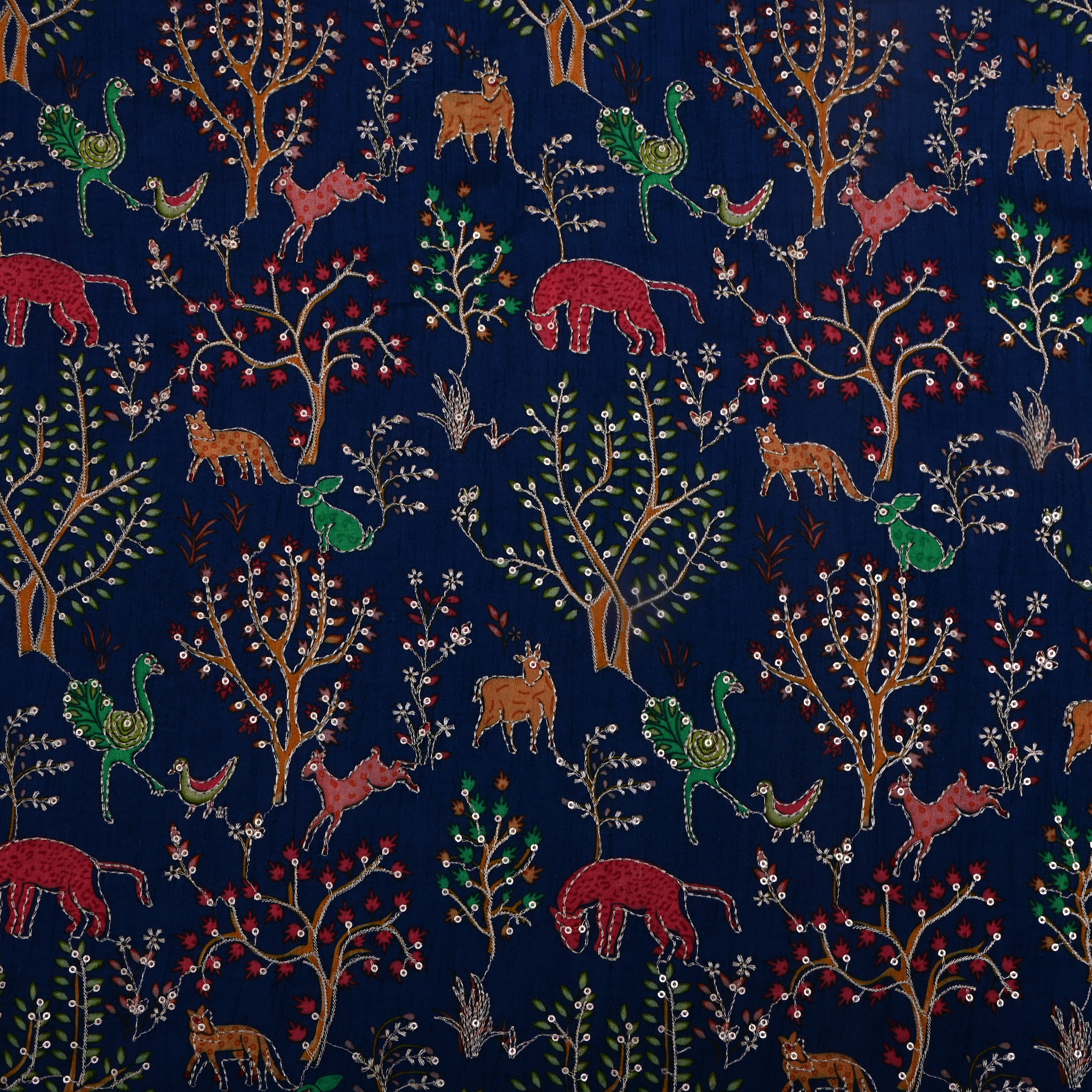 Navy Blue Jungle Printed Silk Fabric