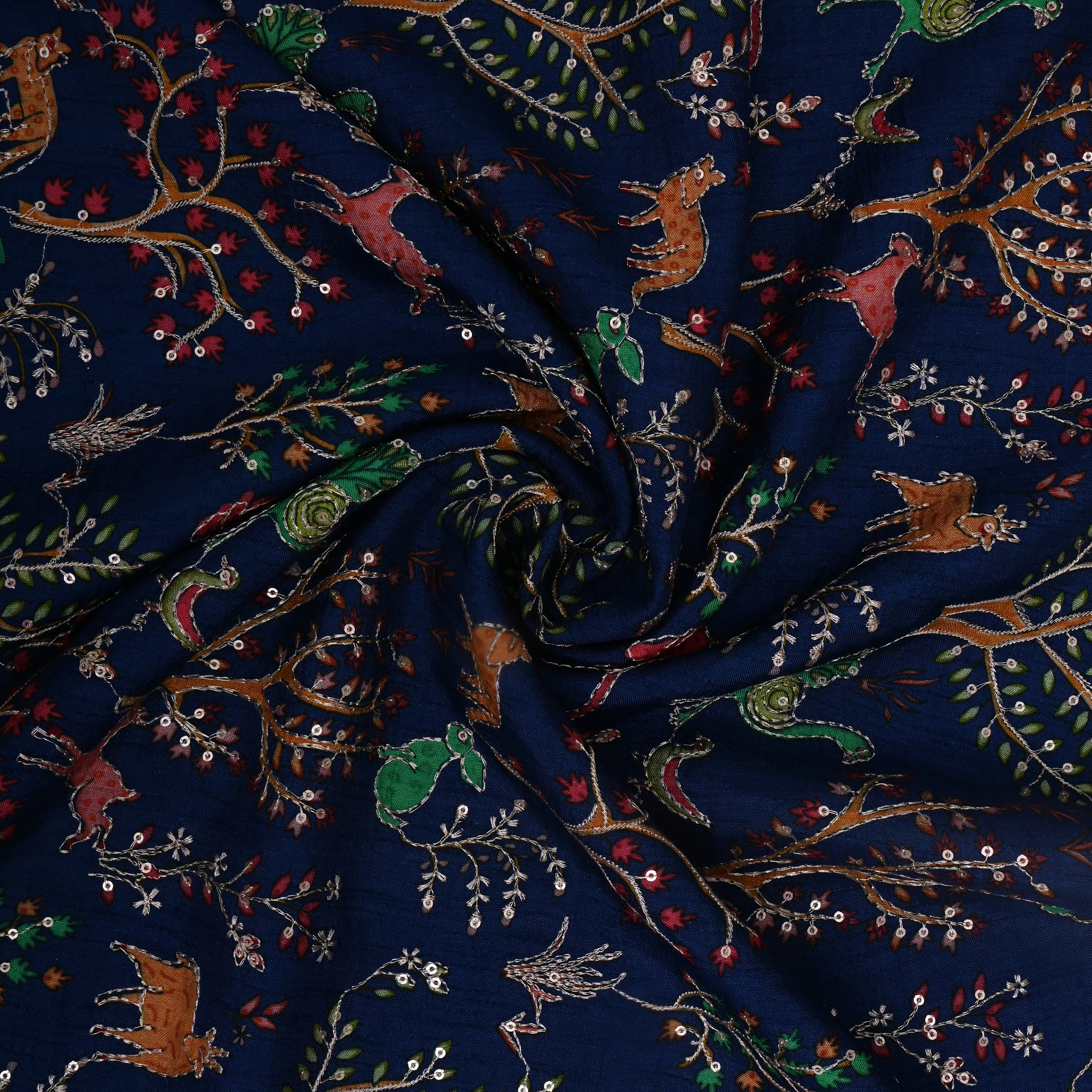 Navy Blue Jungle Printed Silk Fabric