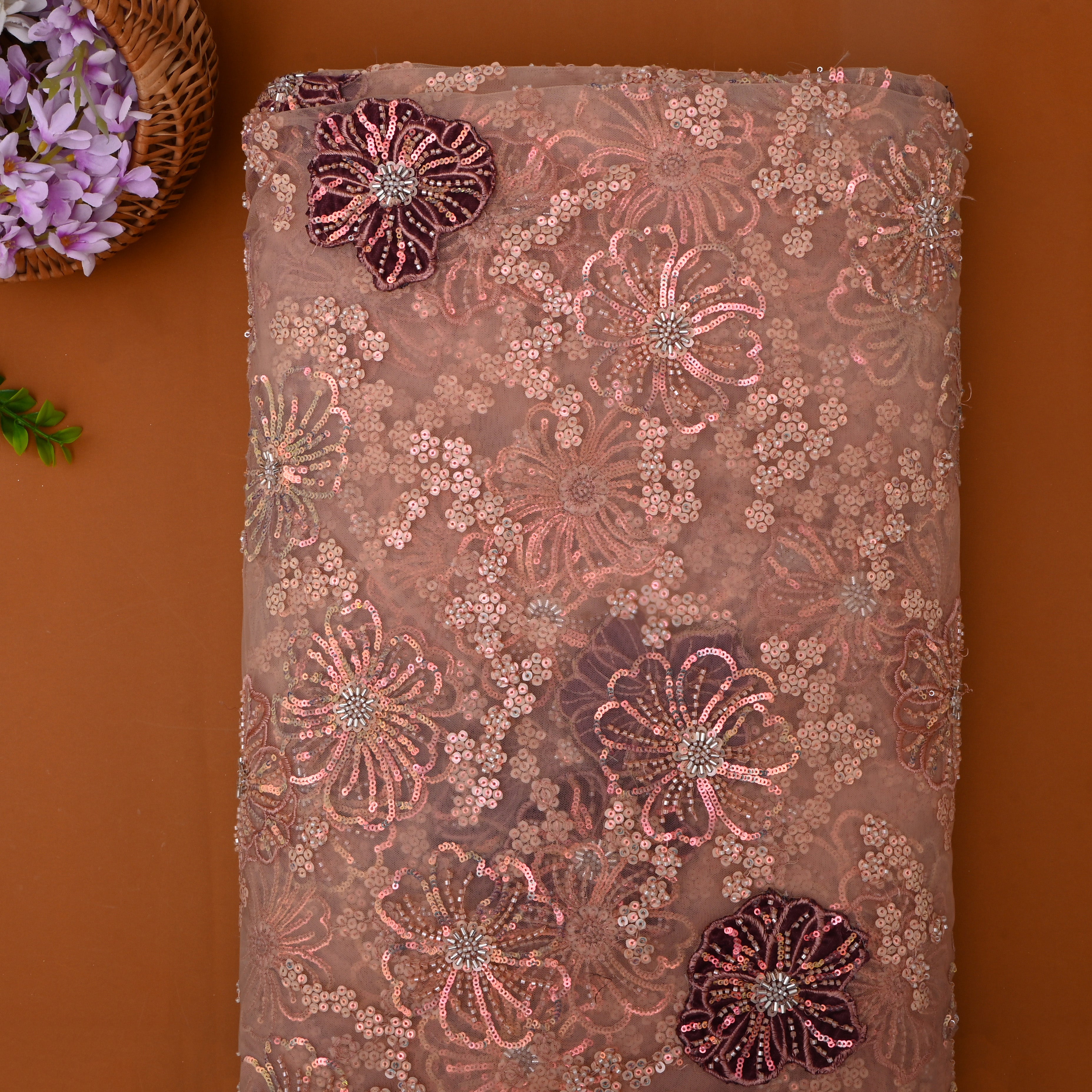 Pastel Pink Floral Embroidered Net Fabric