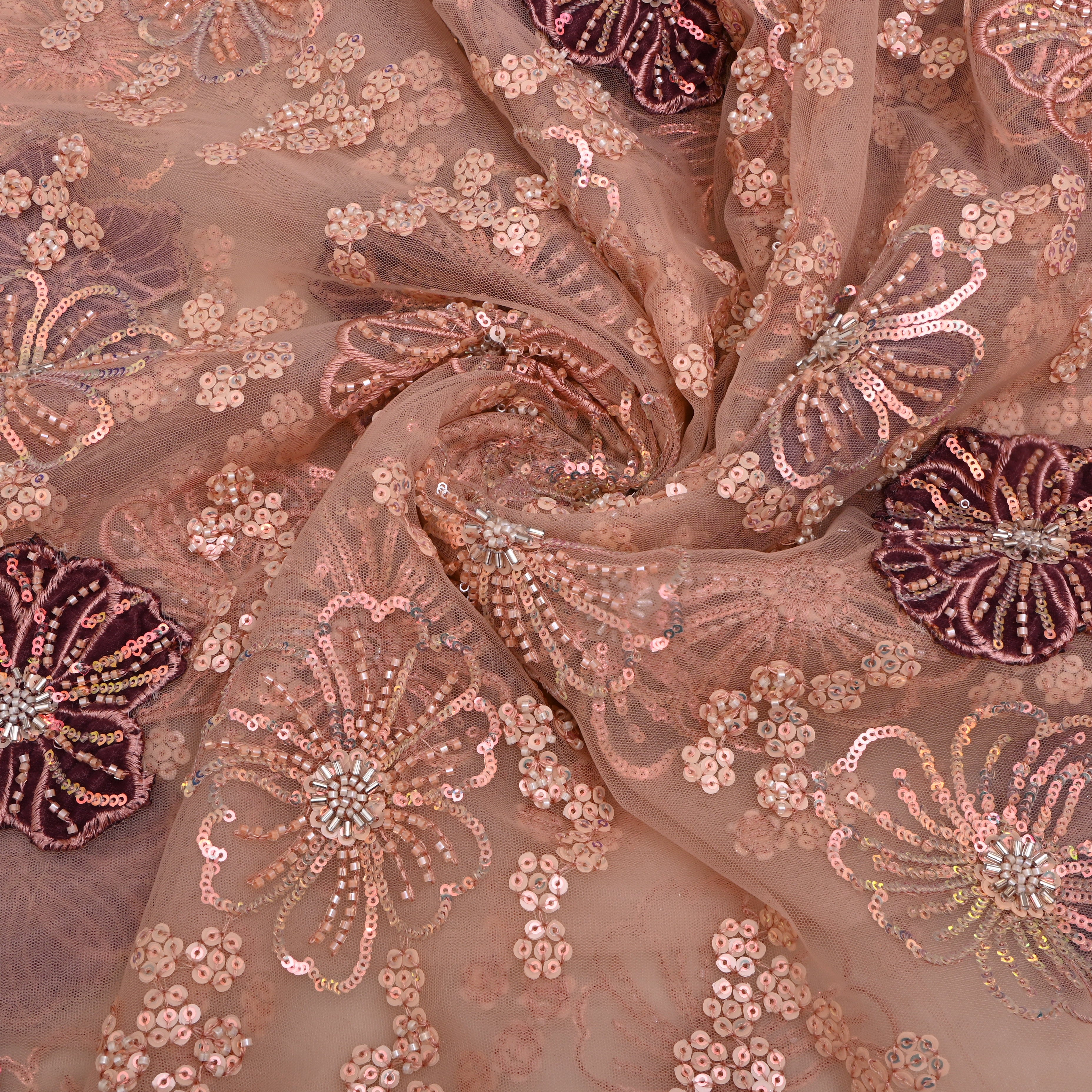 Pastel Pink Floral Embroidered Net Fabric