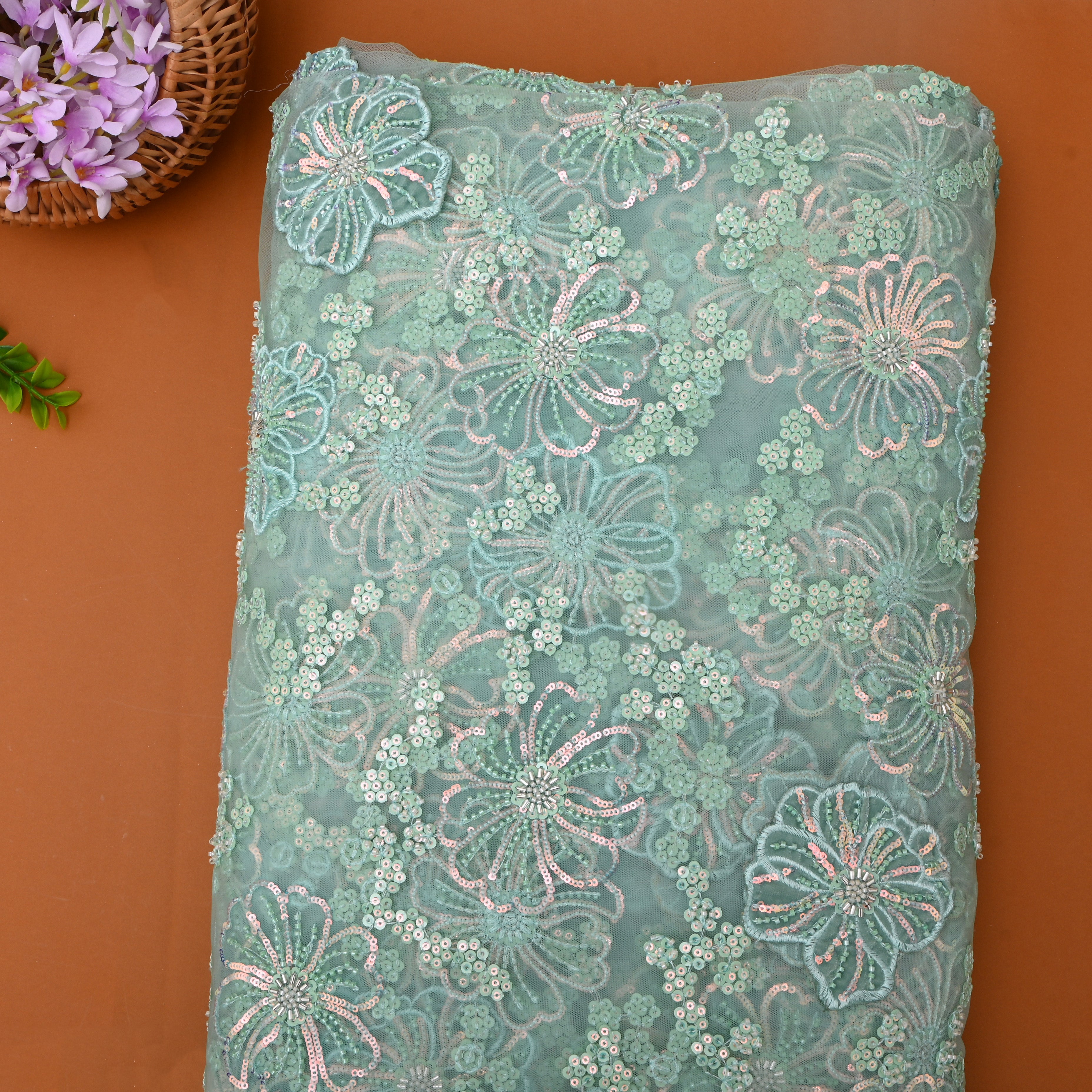 Pastel Blue Floral Embroidered Net Fabric