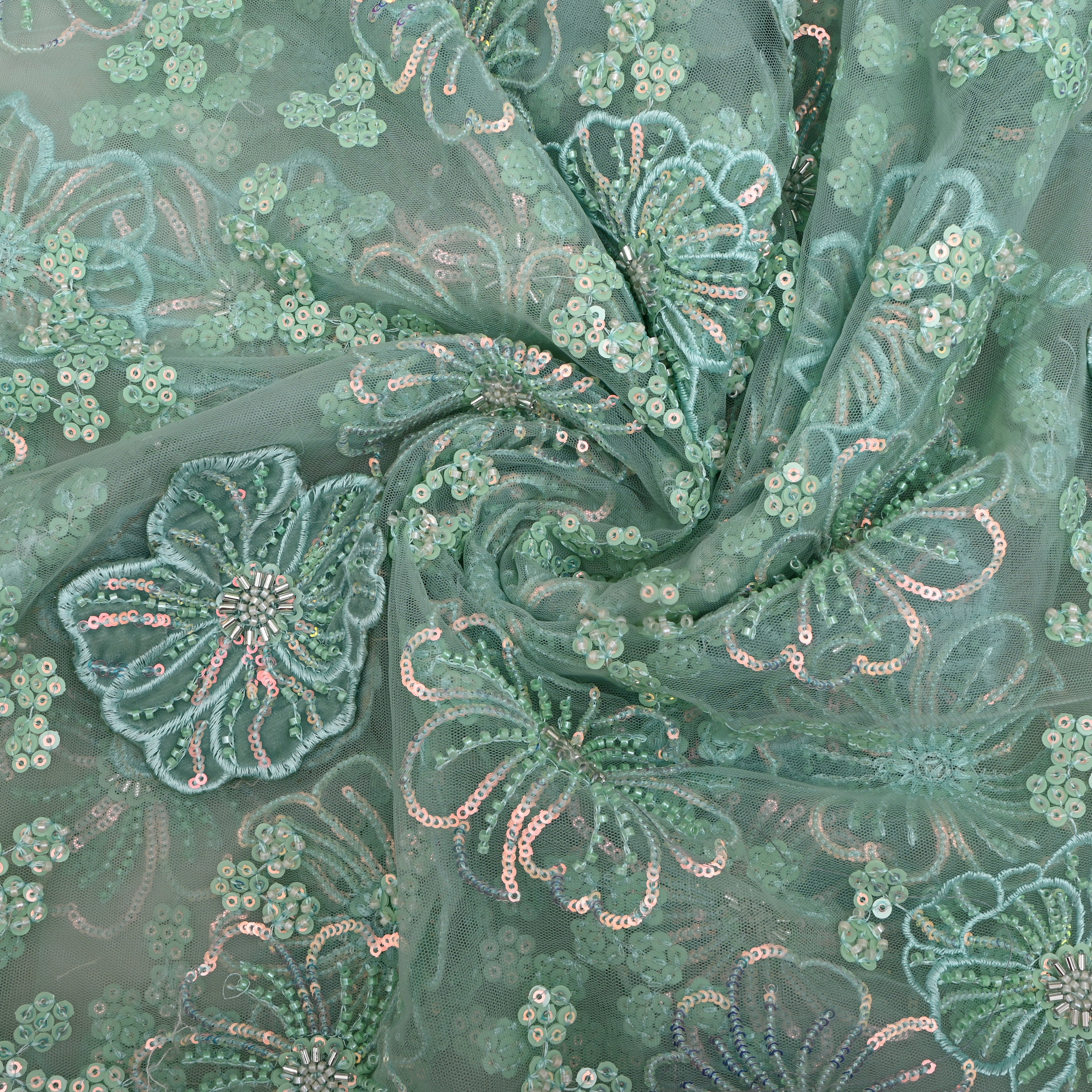 Pastel Blue Floral Embroidered Net Fabric