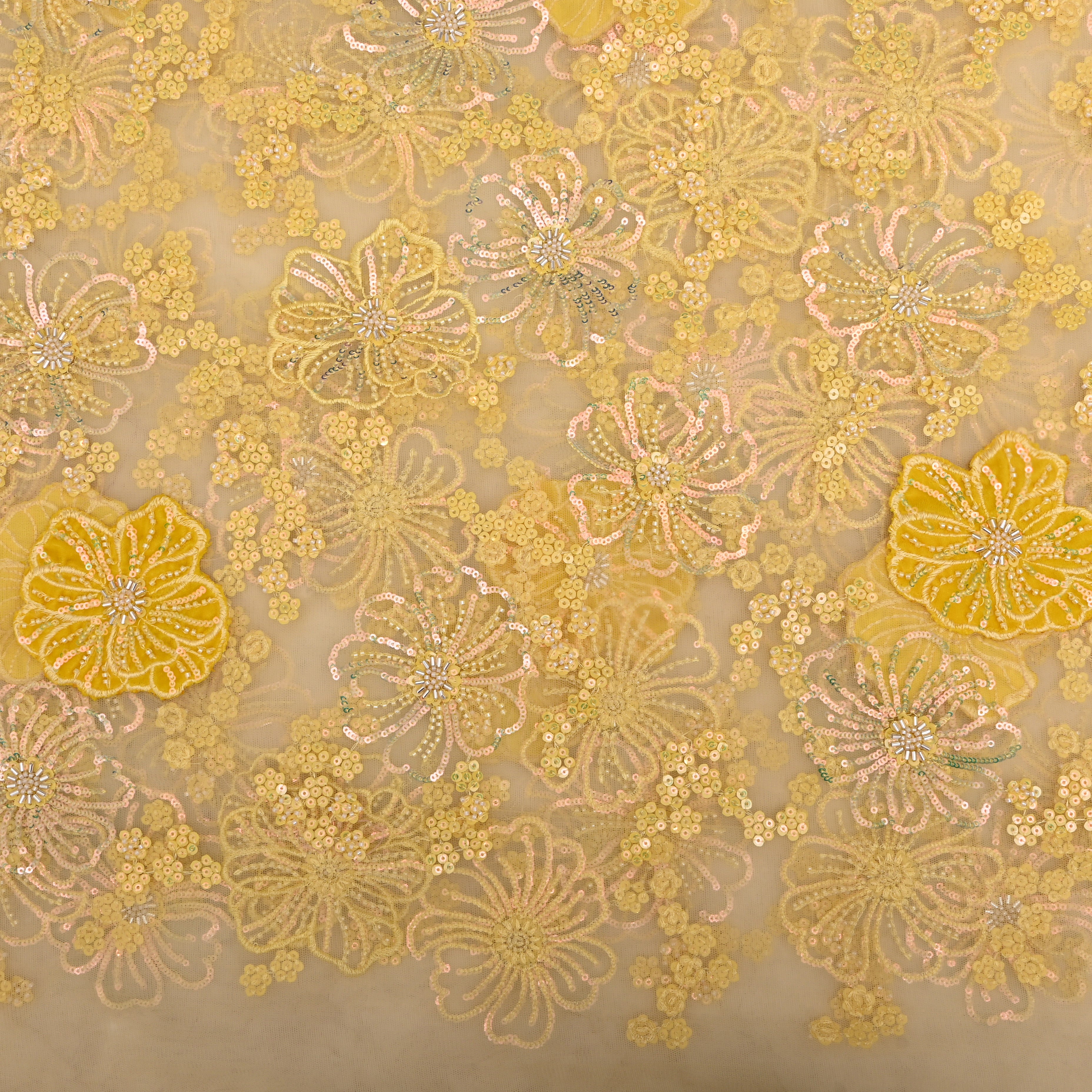 Pastel Yellow Floral Embroidered Net Fabric
