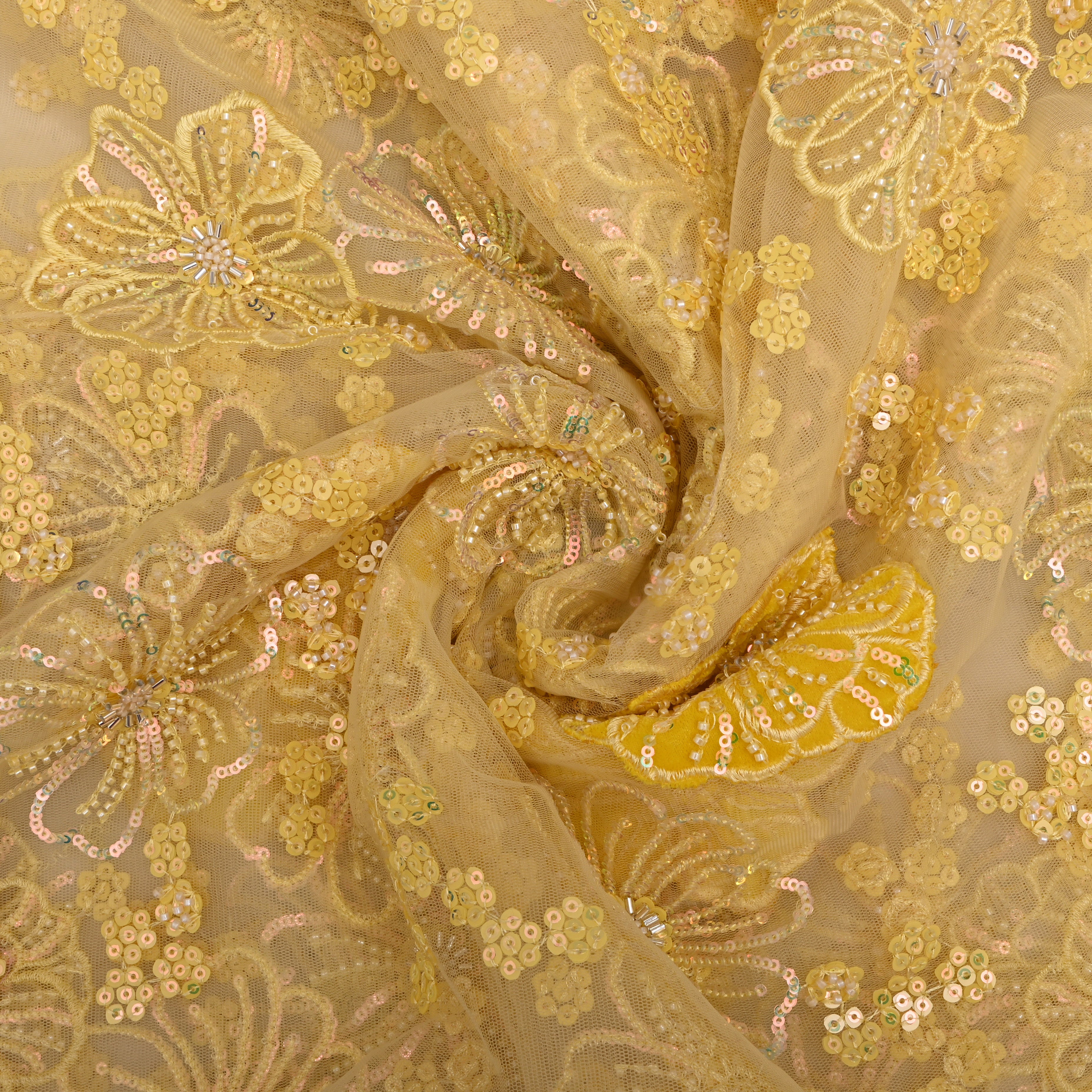 Pastel Yellow Floral Embroidered Net Fabric