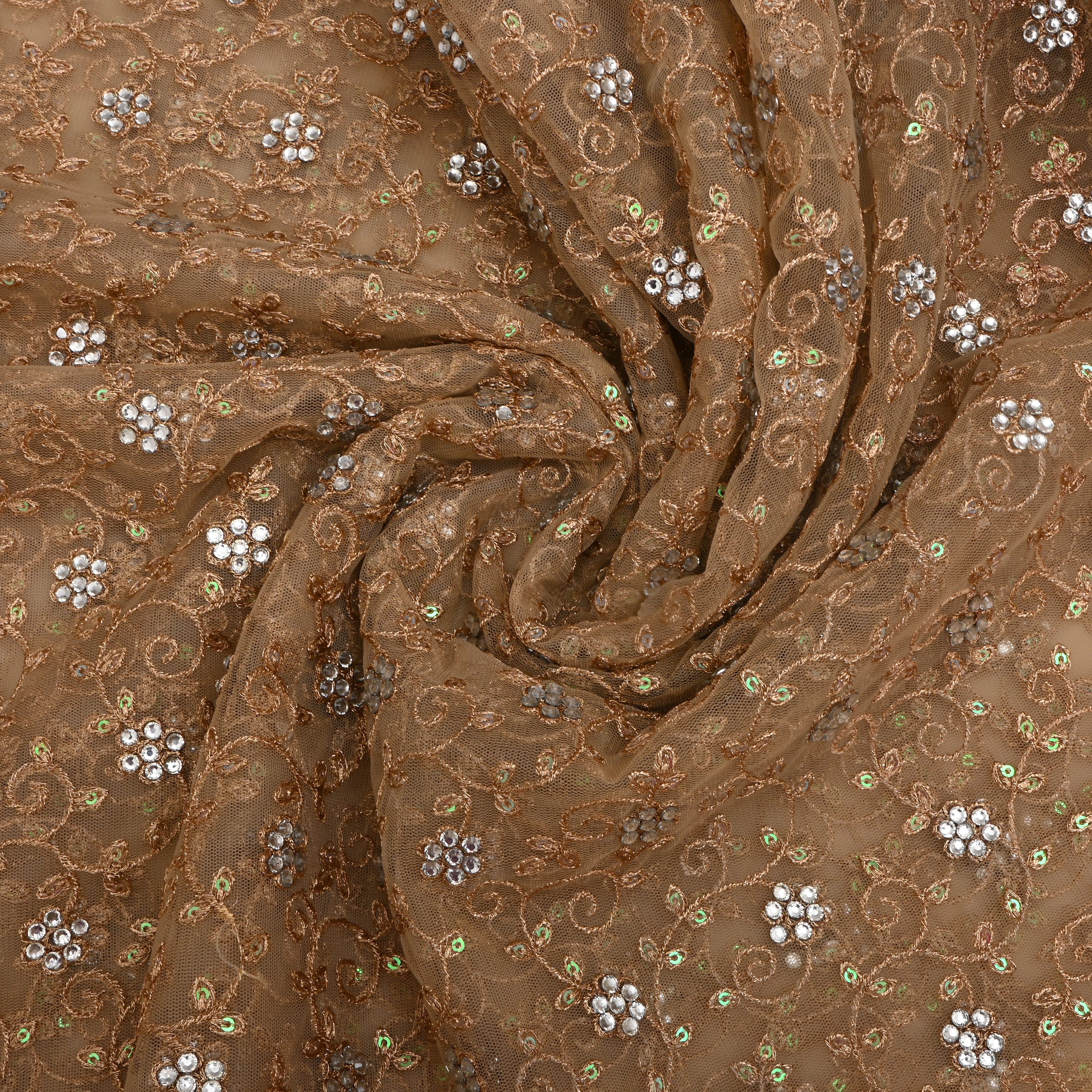 Dark Beige Golden Zari Embroidered Floral Net Fabric