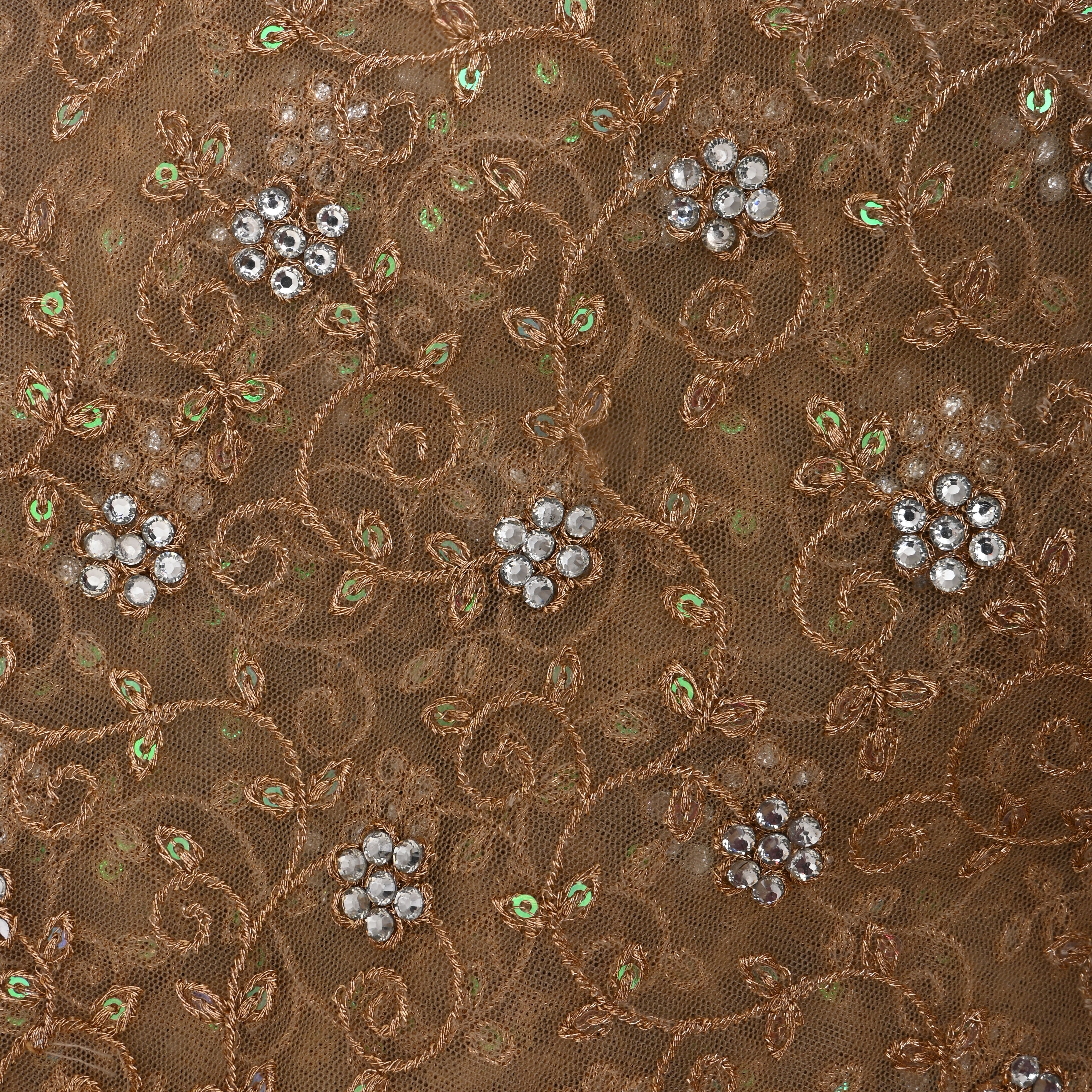 Dark Beige Golden Zari Embroidered Floral Net Fabric