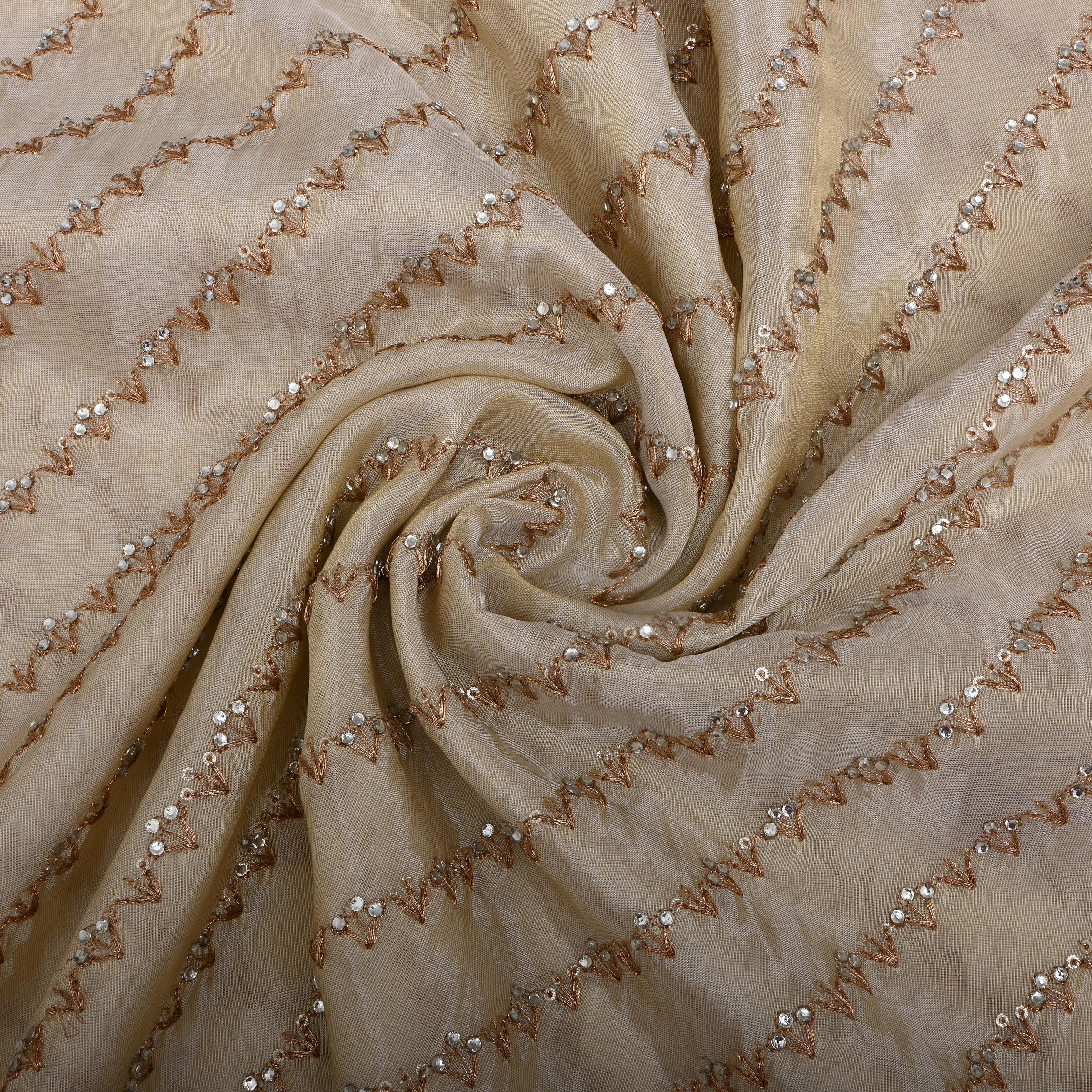 Off-White And Gold Embroidered Tissue Fabric