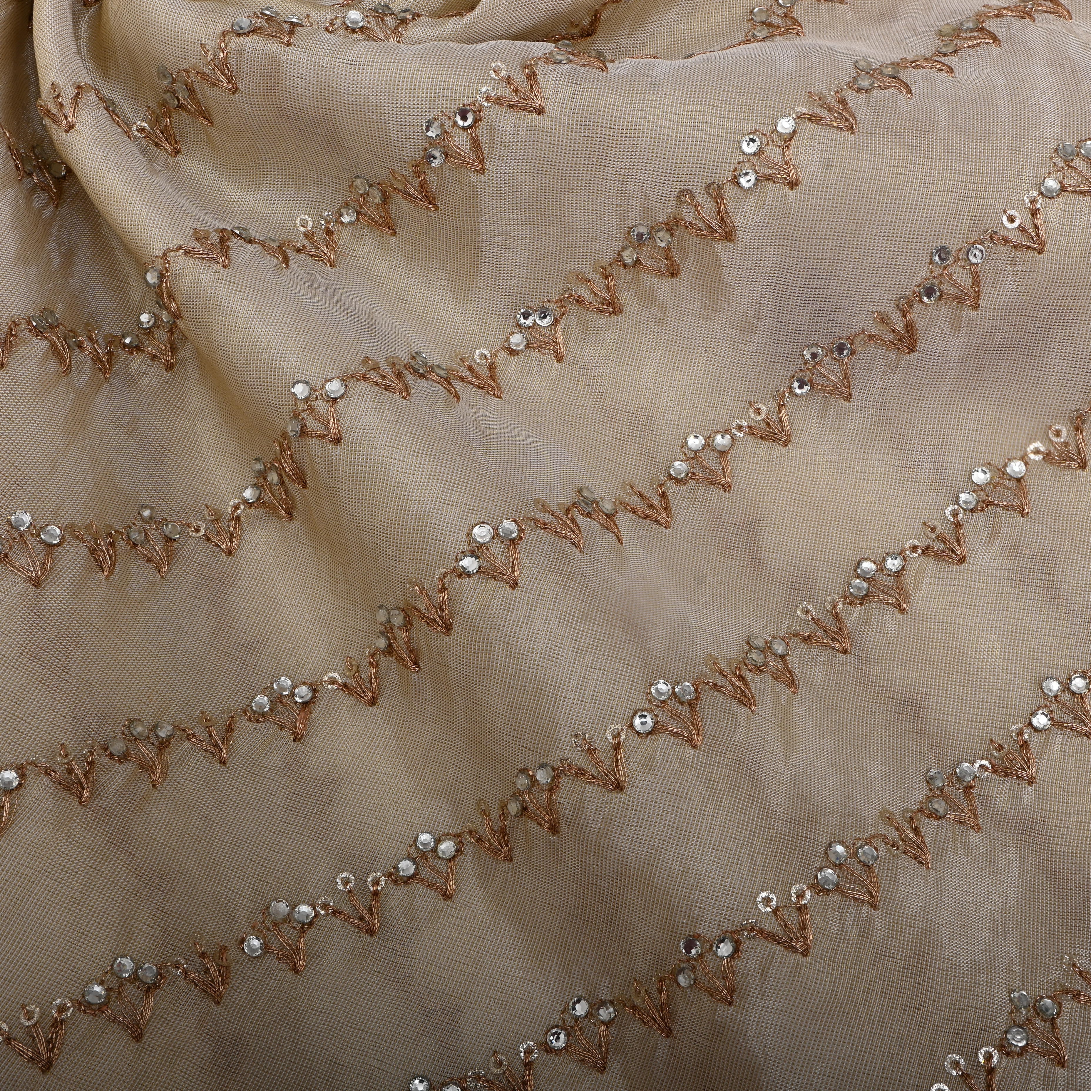 Off-White And Gold Embroidered Tissue Fabric