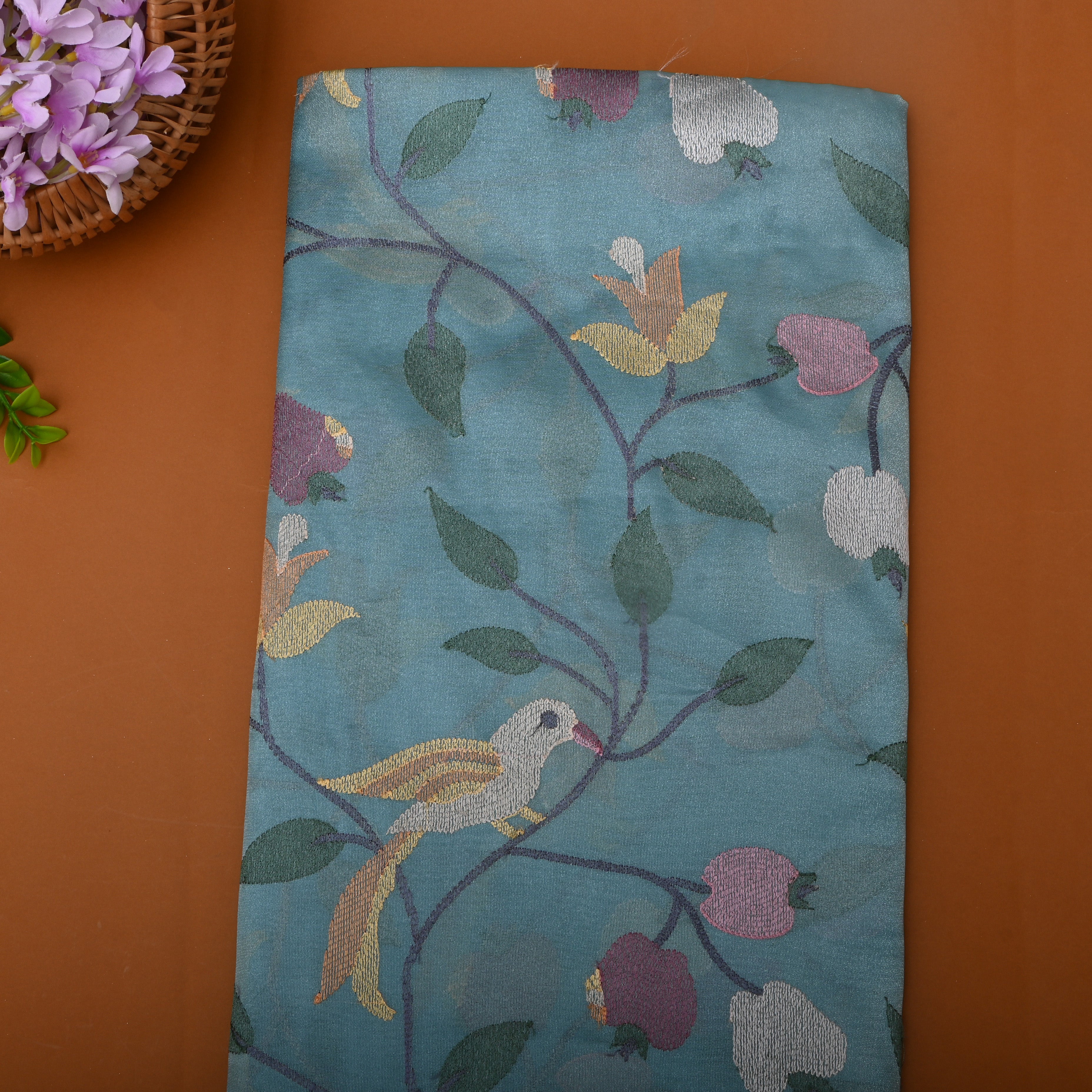 Cerulean Blue Thread Embroidered Tissue Fabric