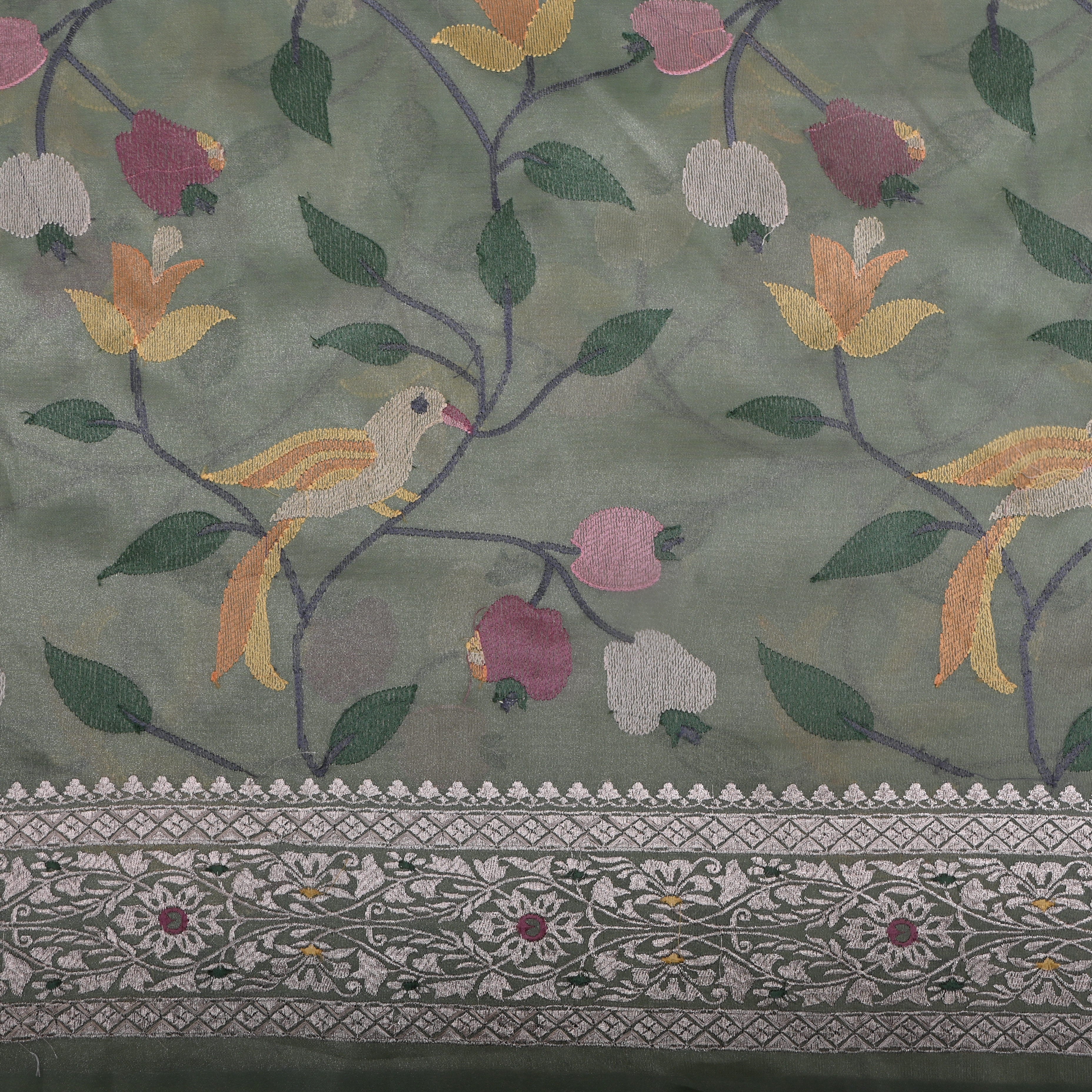 Bluish Grey Thread Embroidered Tissue Fabric