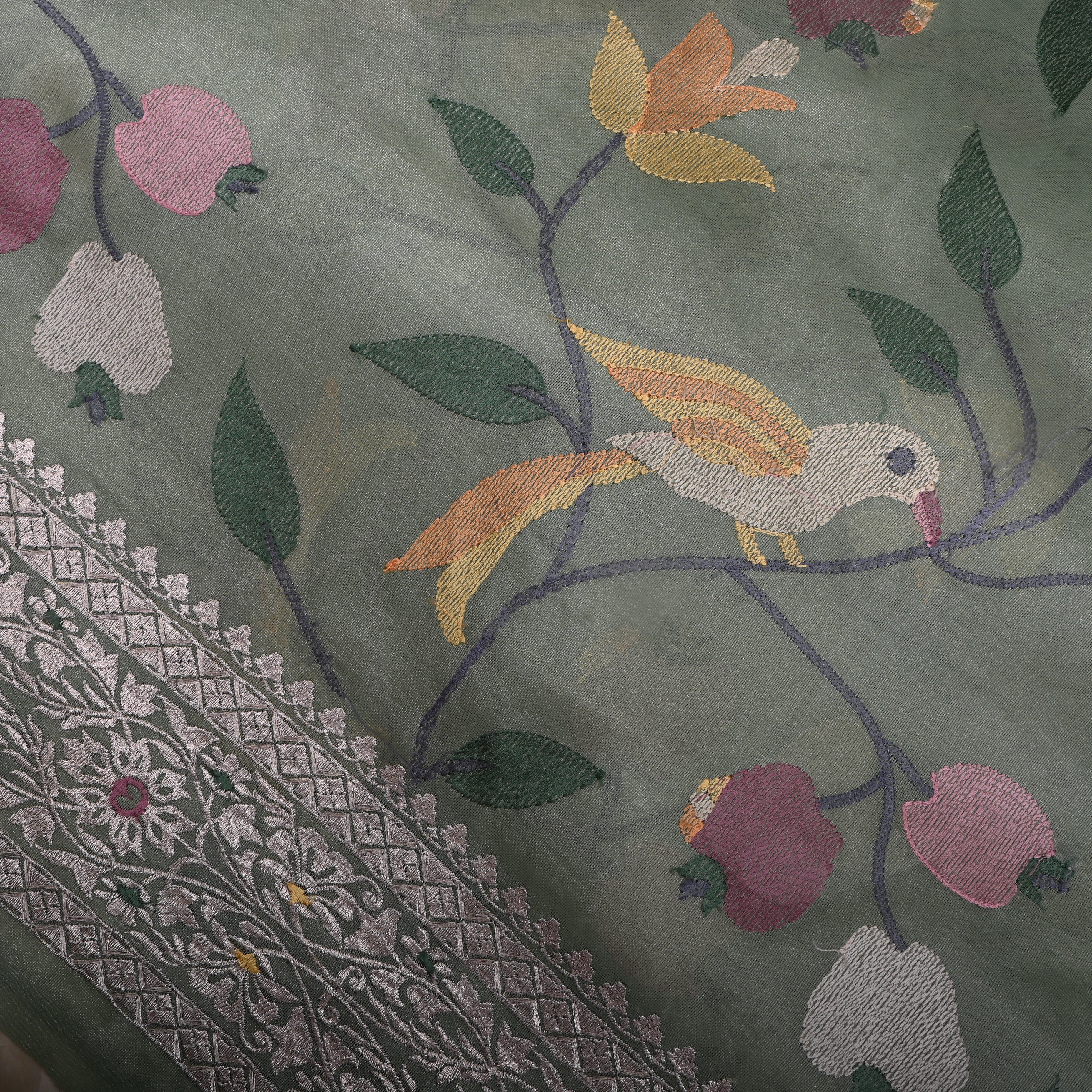 Bluish Grey Thread Embroidered Tissue Fabric