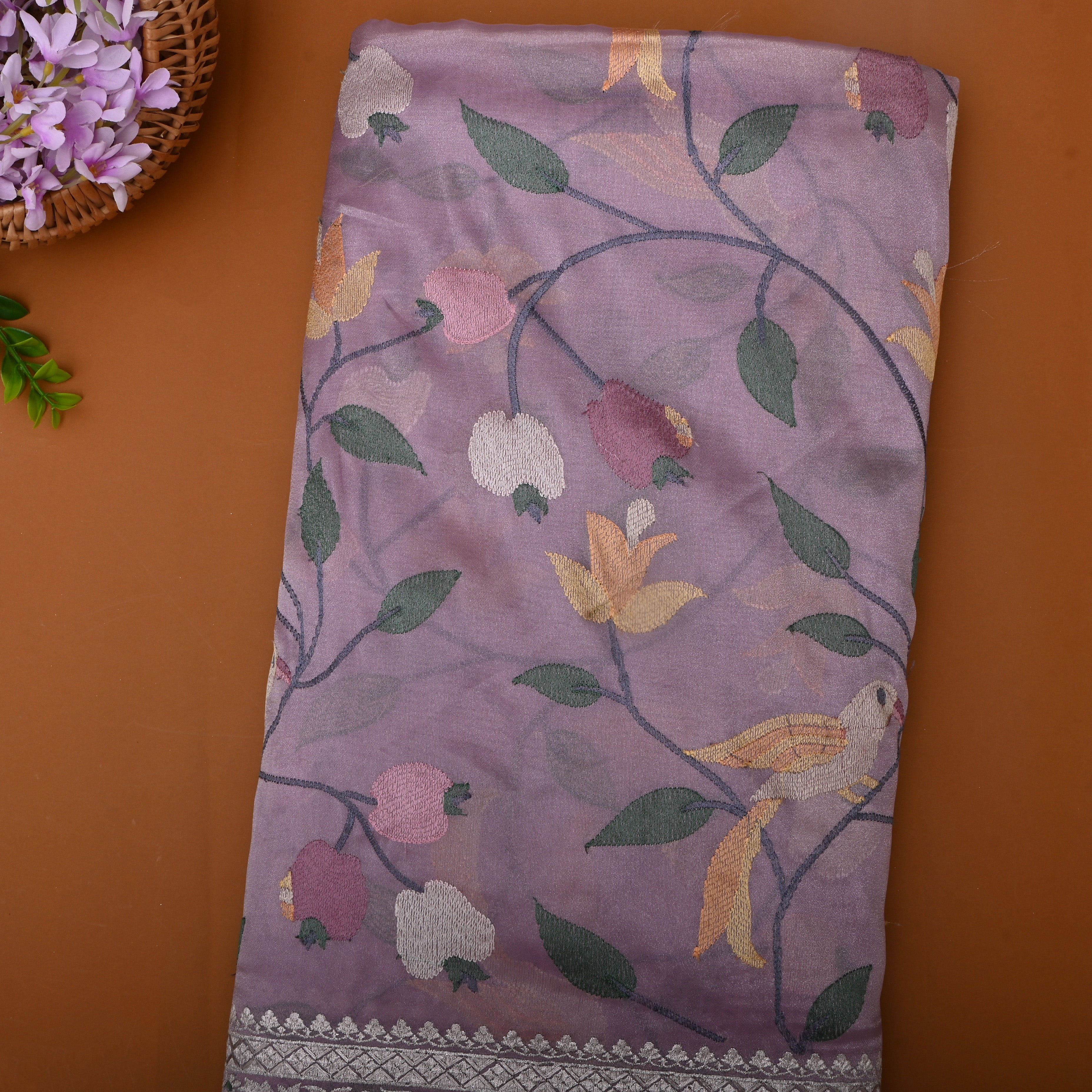 Heather Purple Thread Embroidered Tissue Fabric