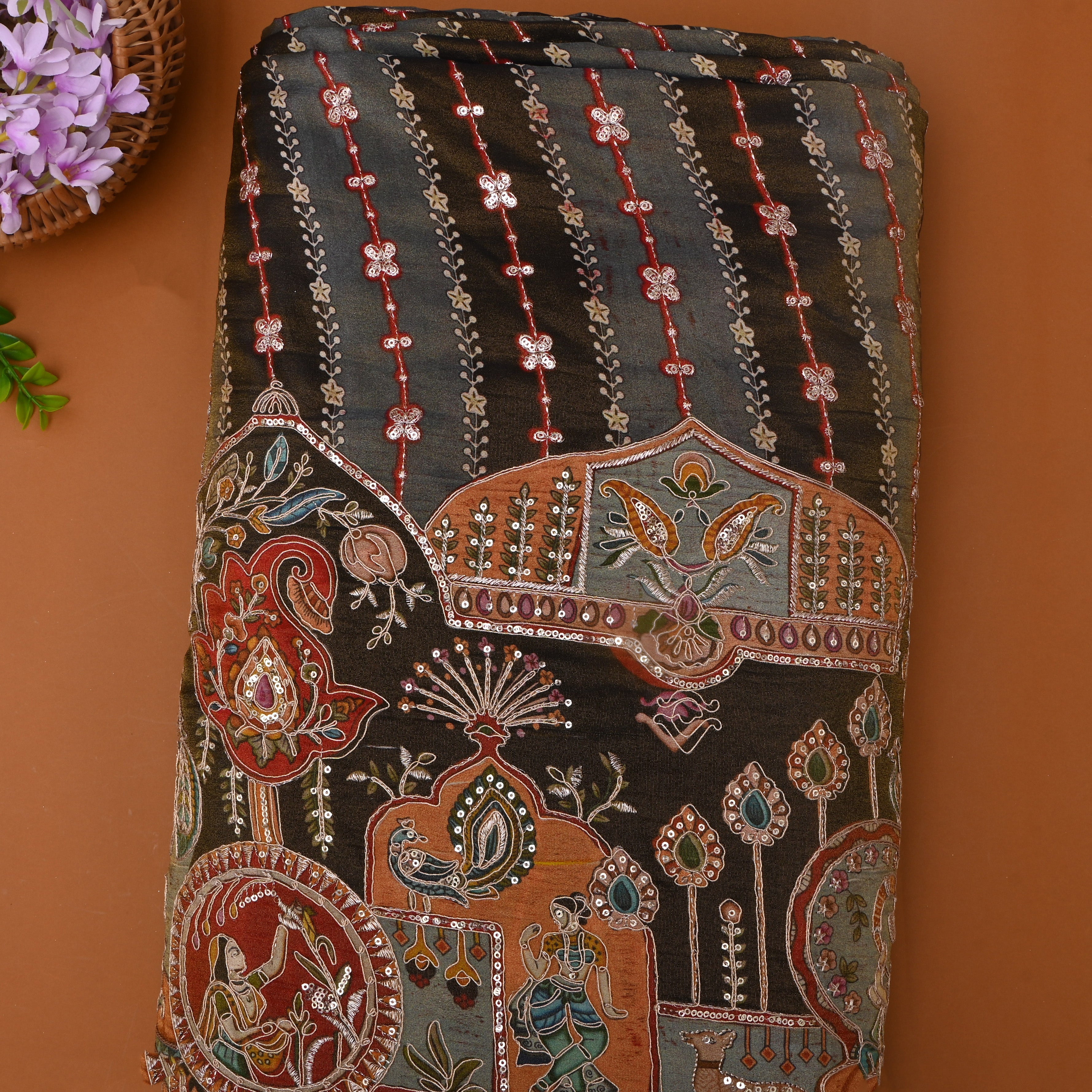 Multicolour Black Embroidered Tissue Fabric