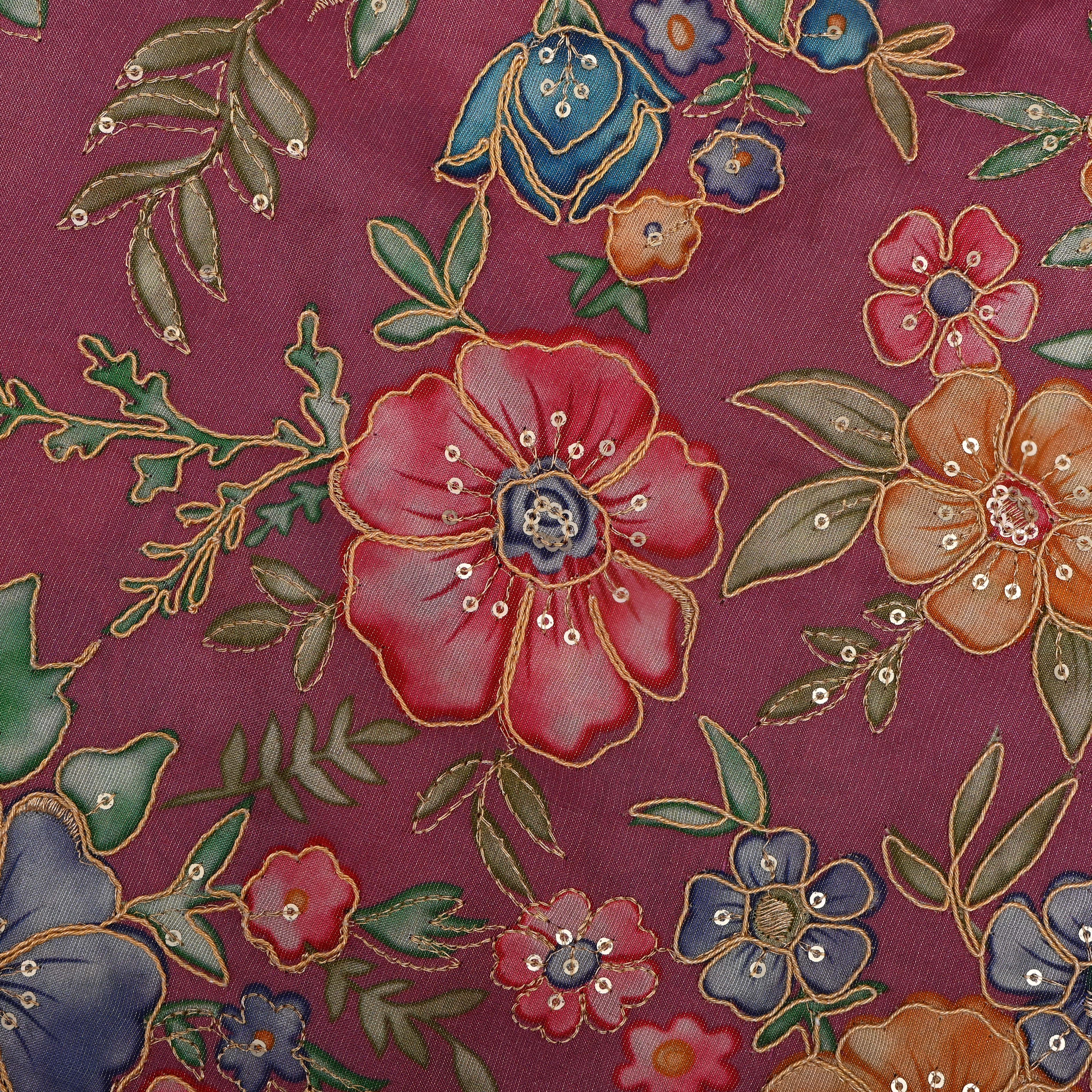 Dark Pink And Multicolour Floral Printed Tissue Fabric