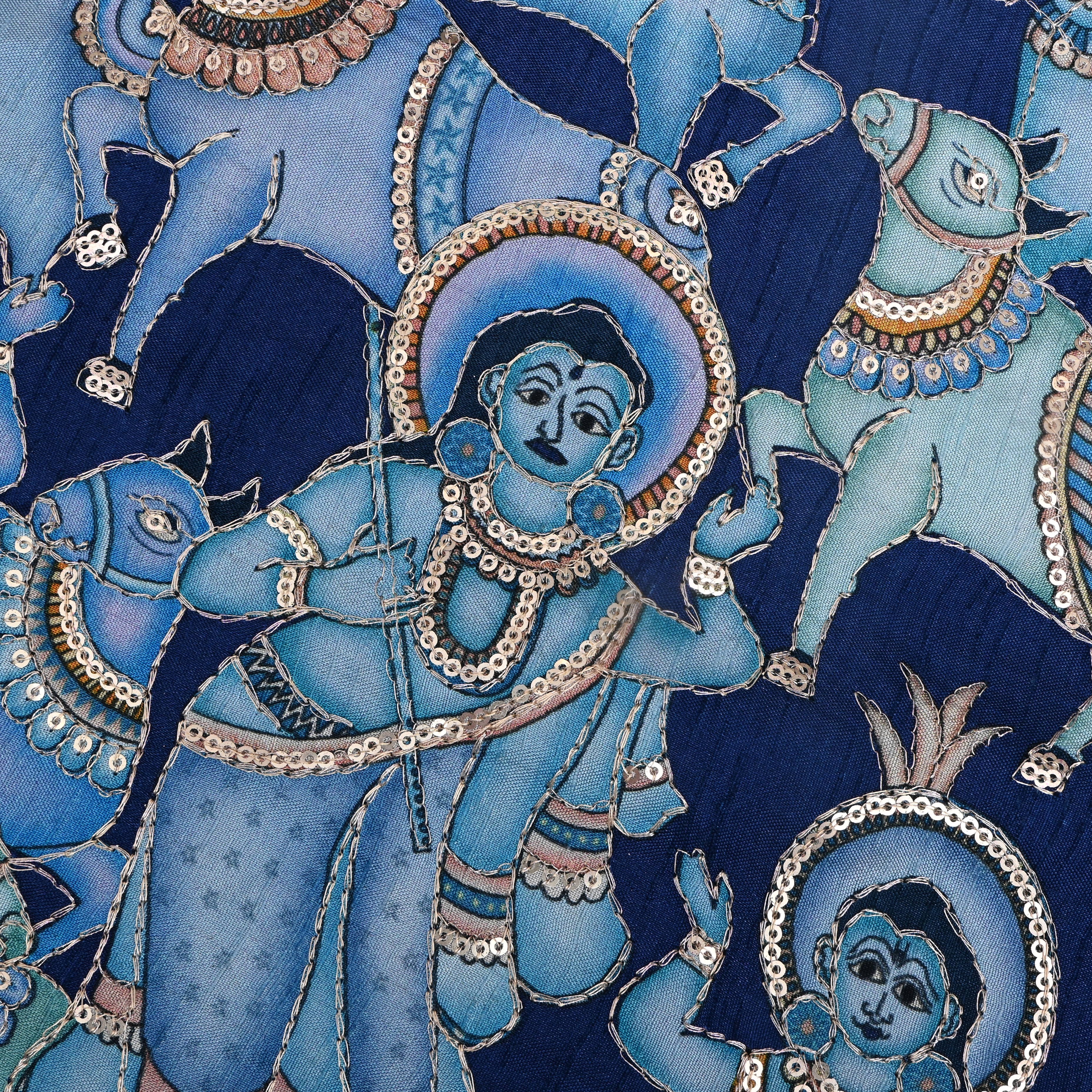 Navy Blue Embroidered Figurative Print Silk Fabric