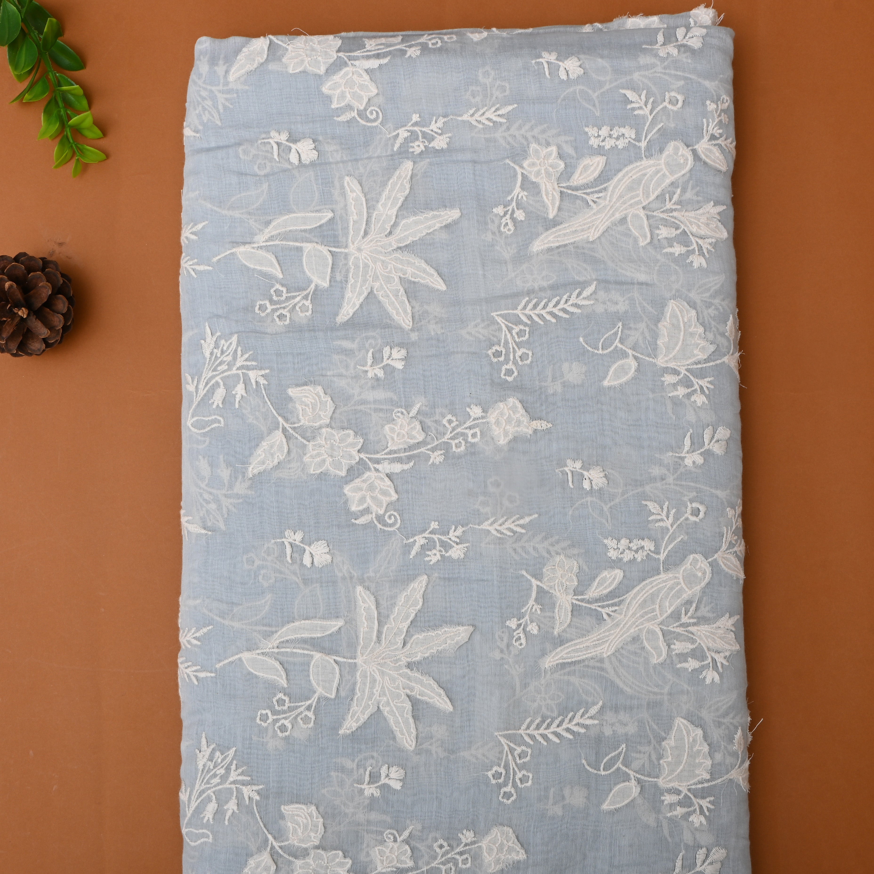 Pastel Blue Floral Embroidered Chanderi Fabric
