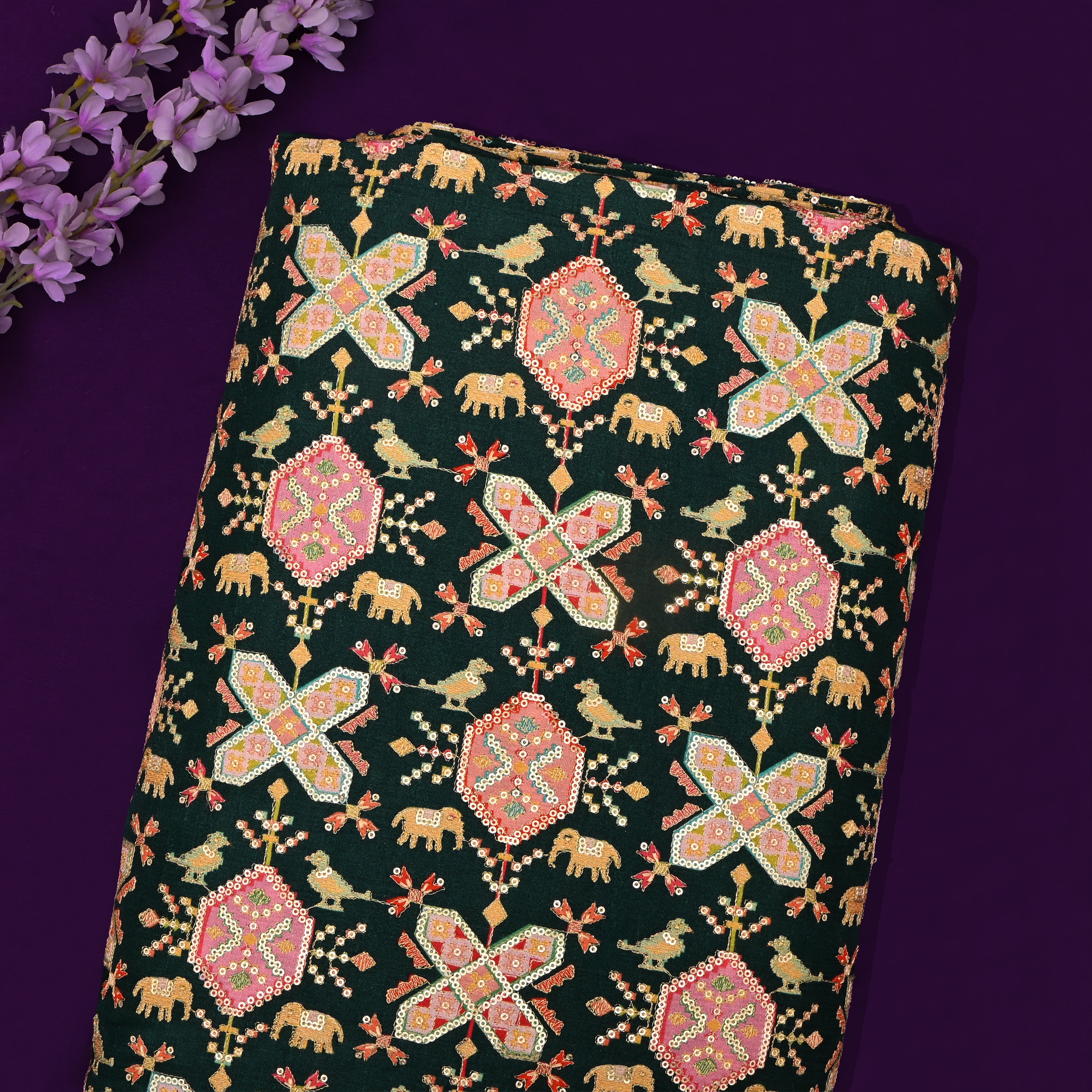 Dark Green Silk Fabric With Printed Embroidery