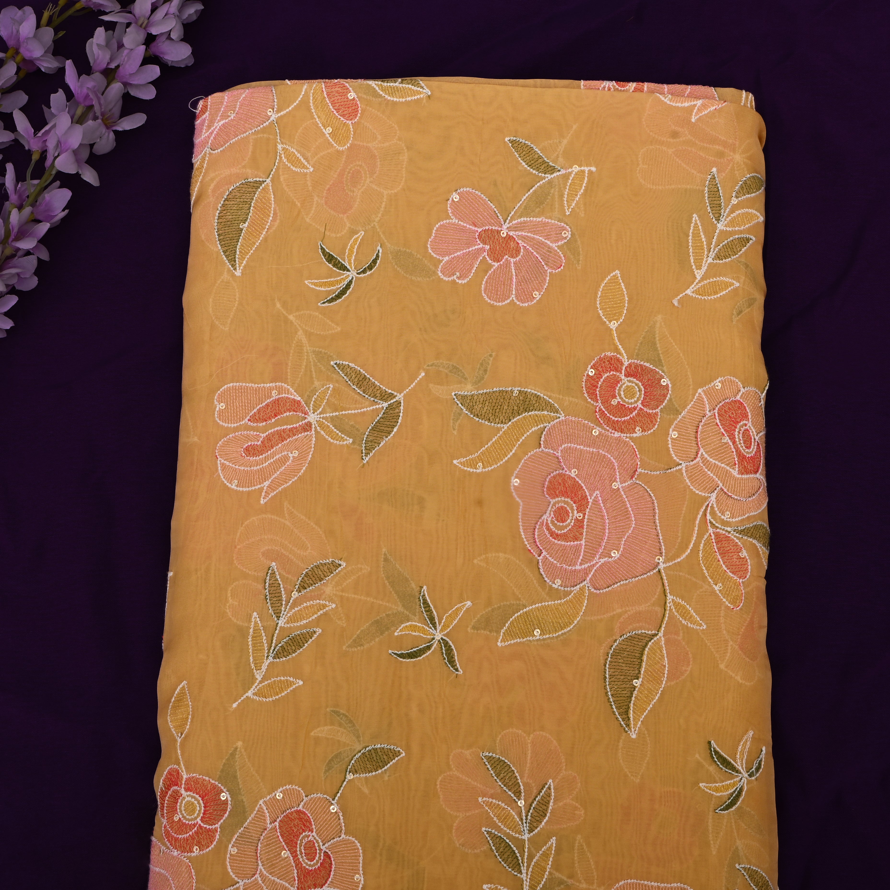 Gamboge Yellow Organza Fabric With Embroidery