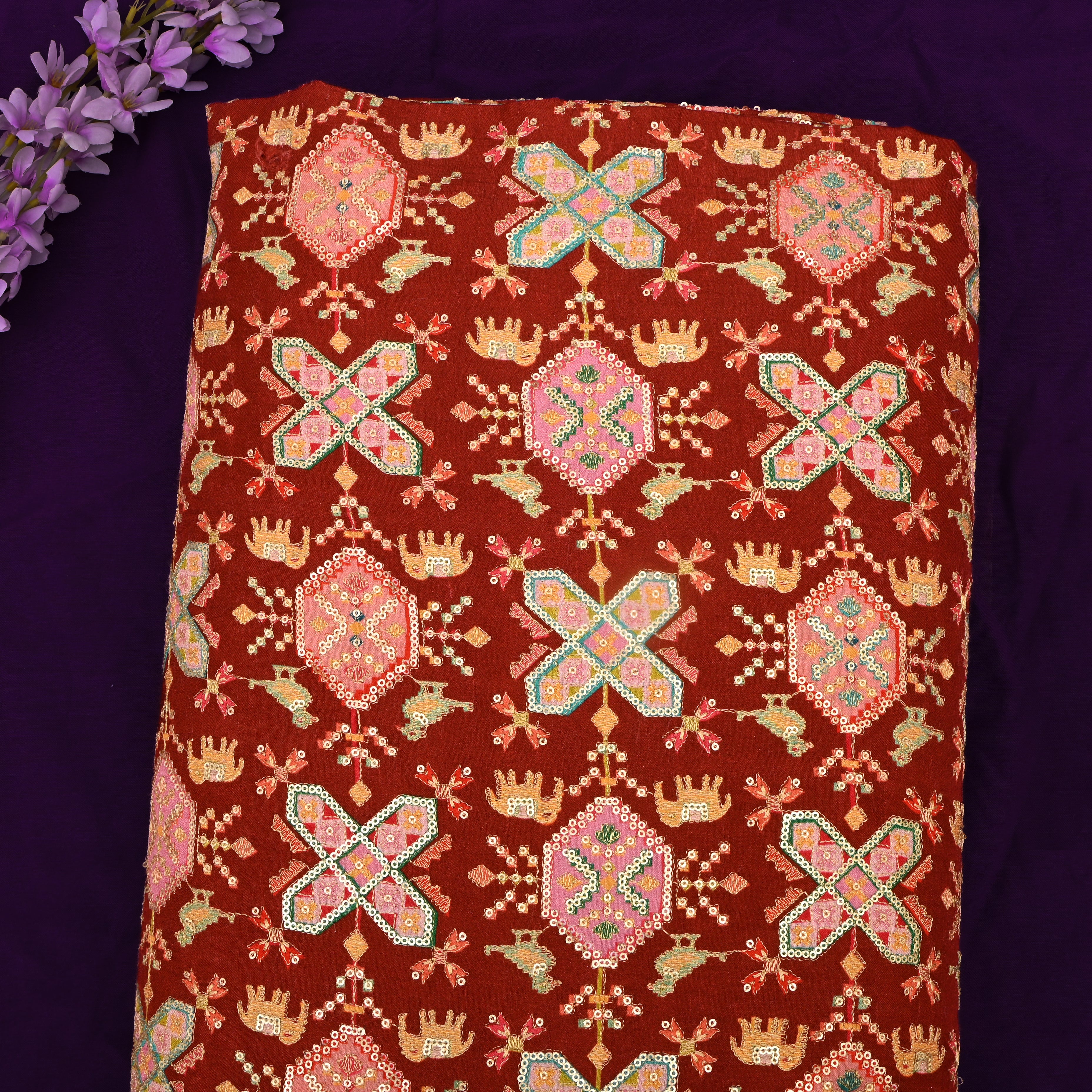 Chestnut Brown Silk Fabric With Printed Embroidery