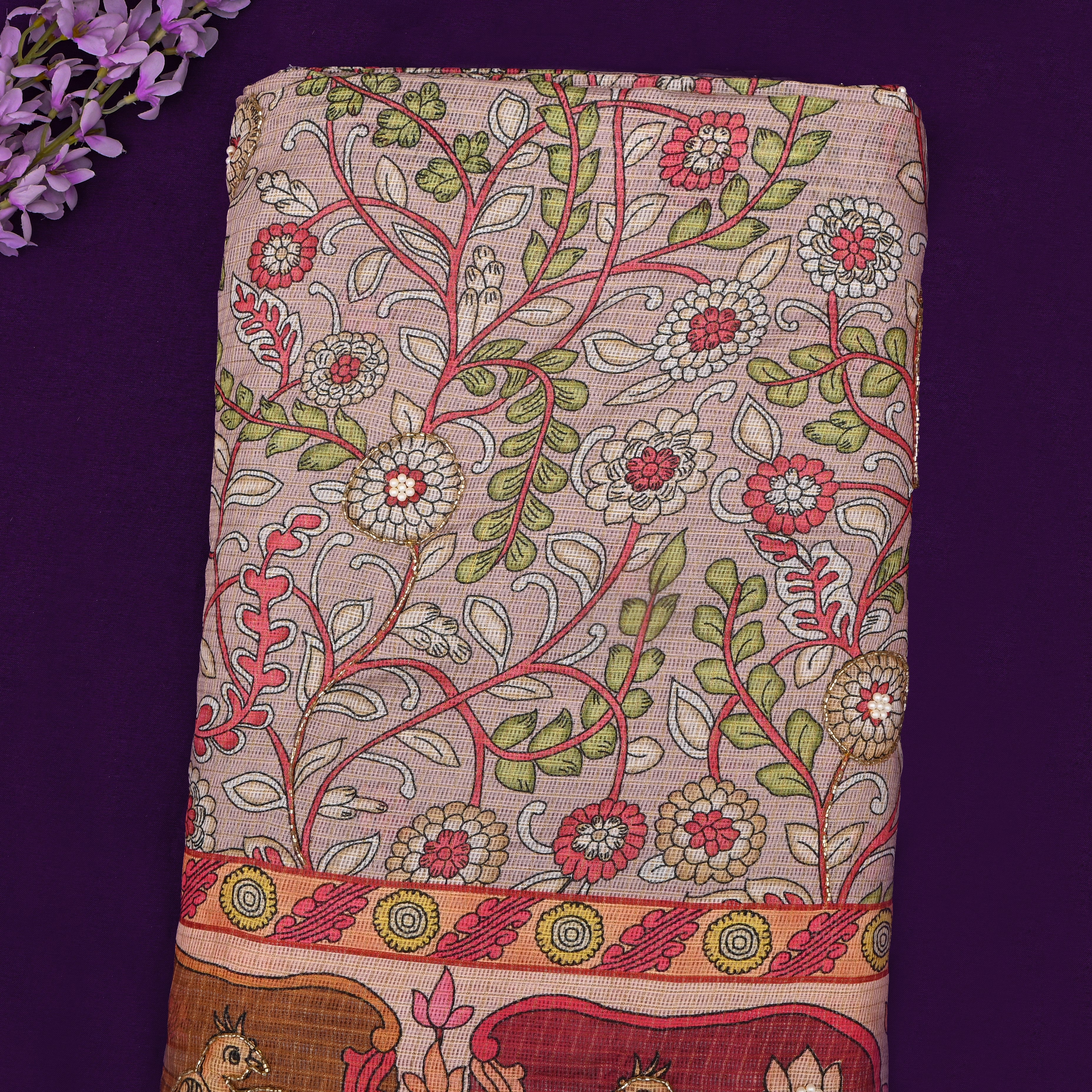 Champagne Pink Kota Fabric With Printed Embroidery