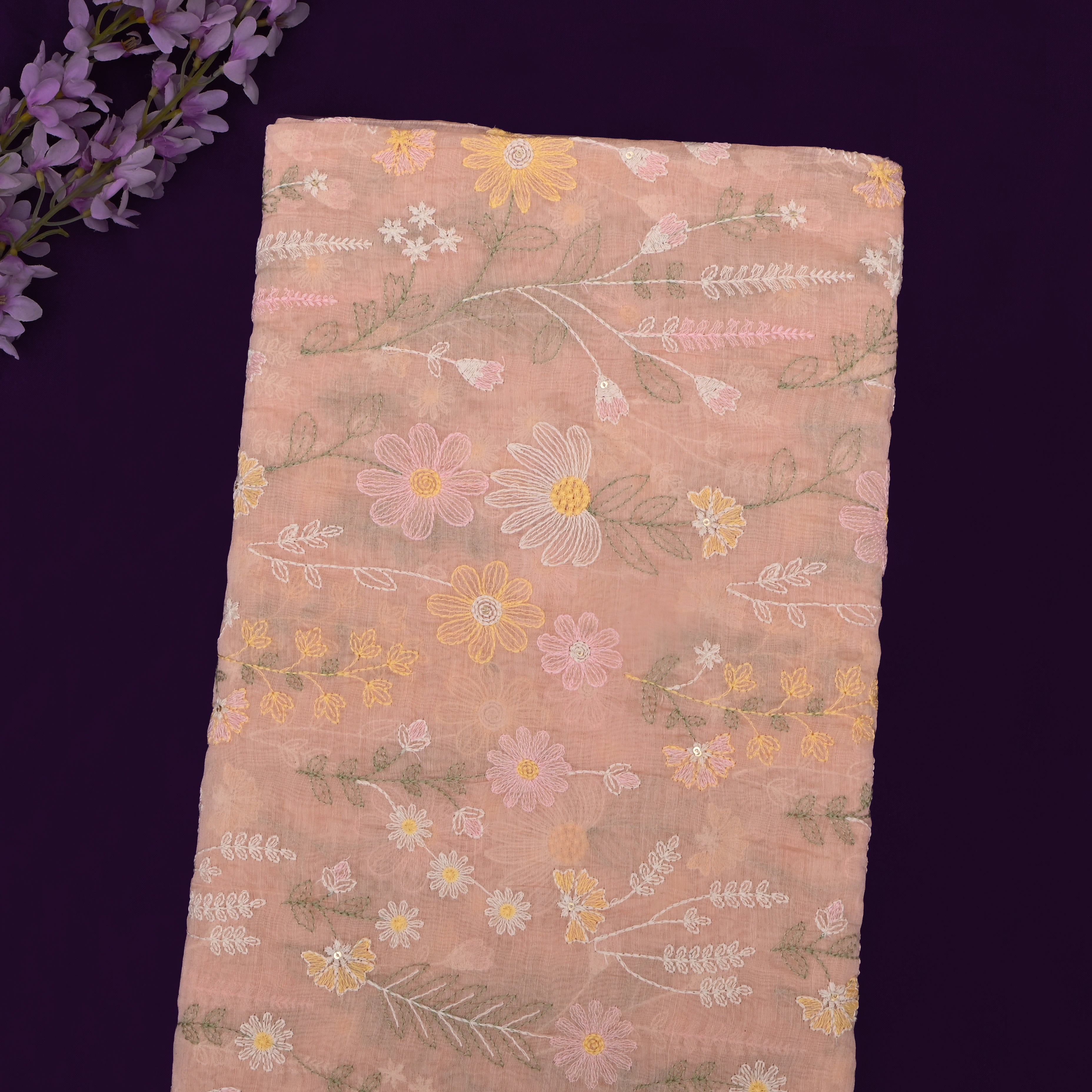 Pastel Peach Chanderi Fabric With Thread Embroidery
