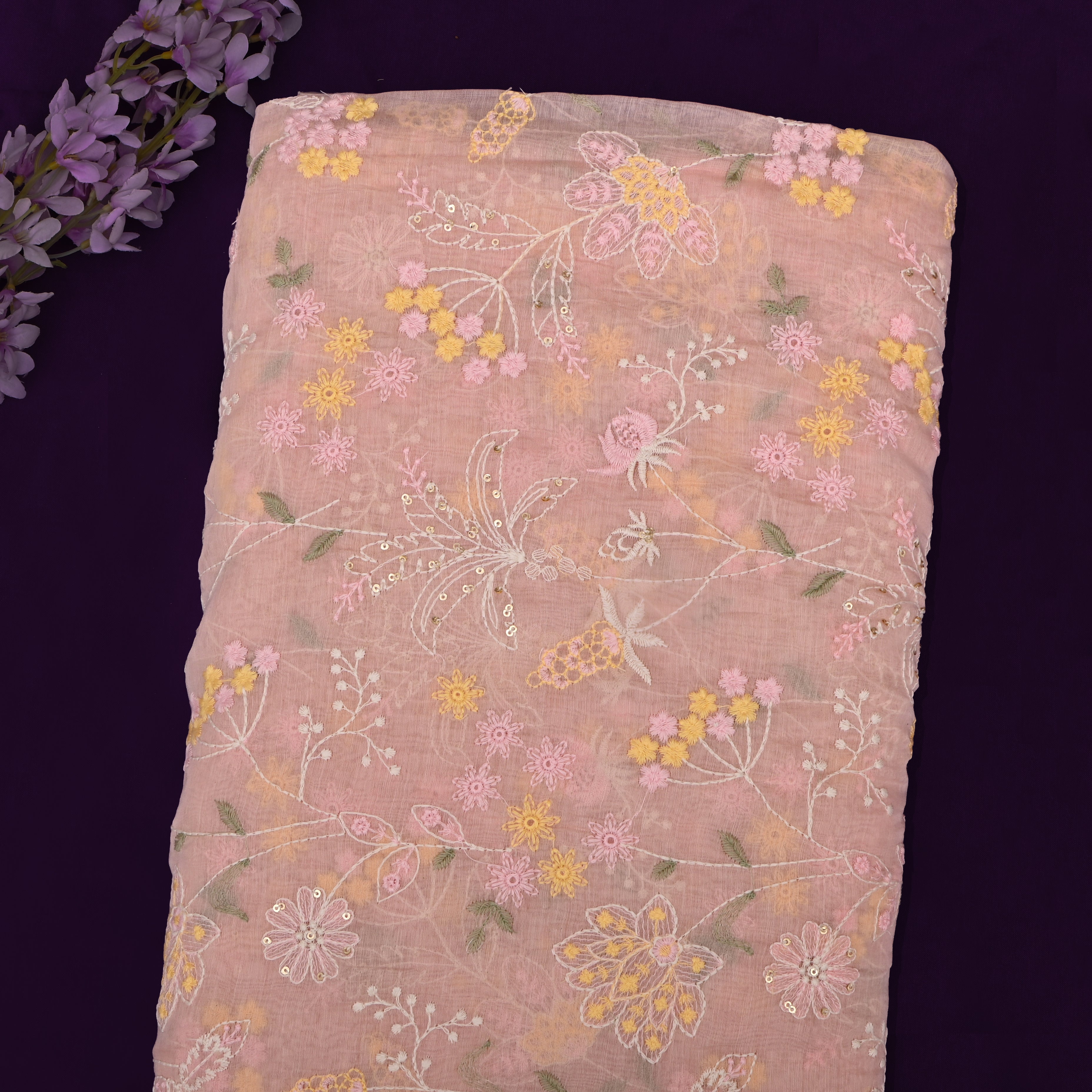 Soft Peach Mul Chanderi Fabric With Embroidery