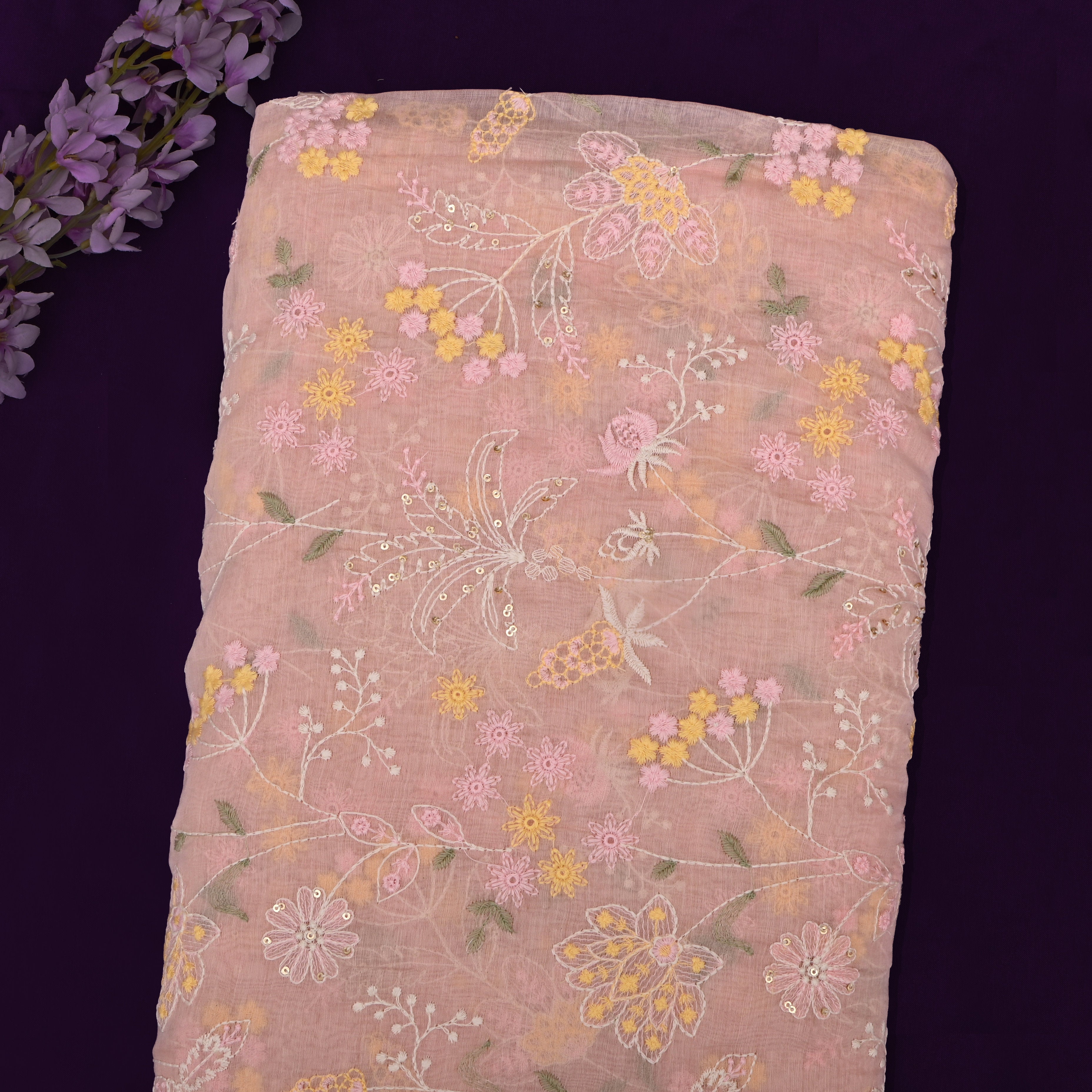 Soft Peach Mul Chanderi Fabric With Embroidery