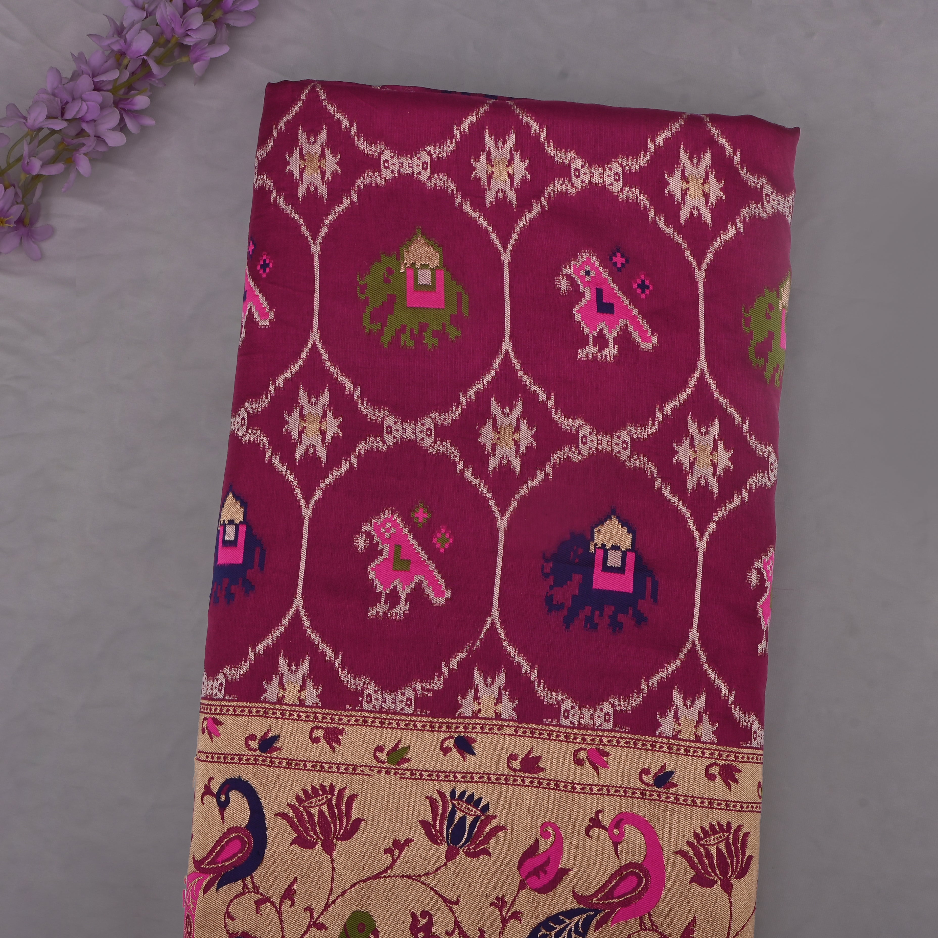 Amaranth Pink Banarasi Fabric With Paithani Border