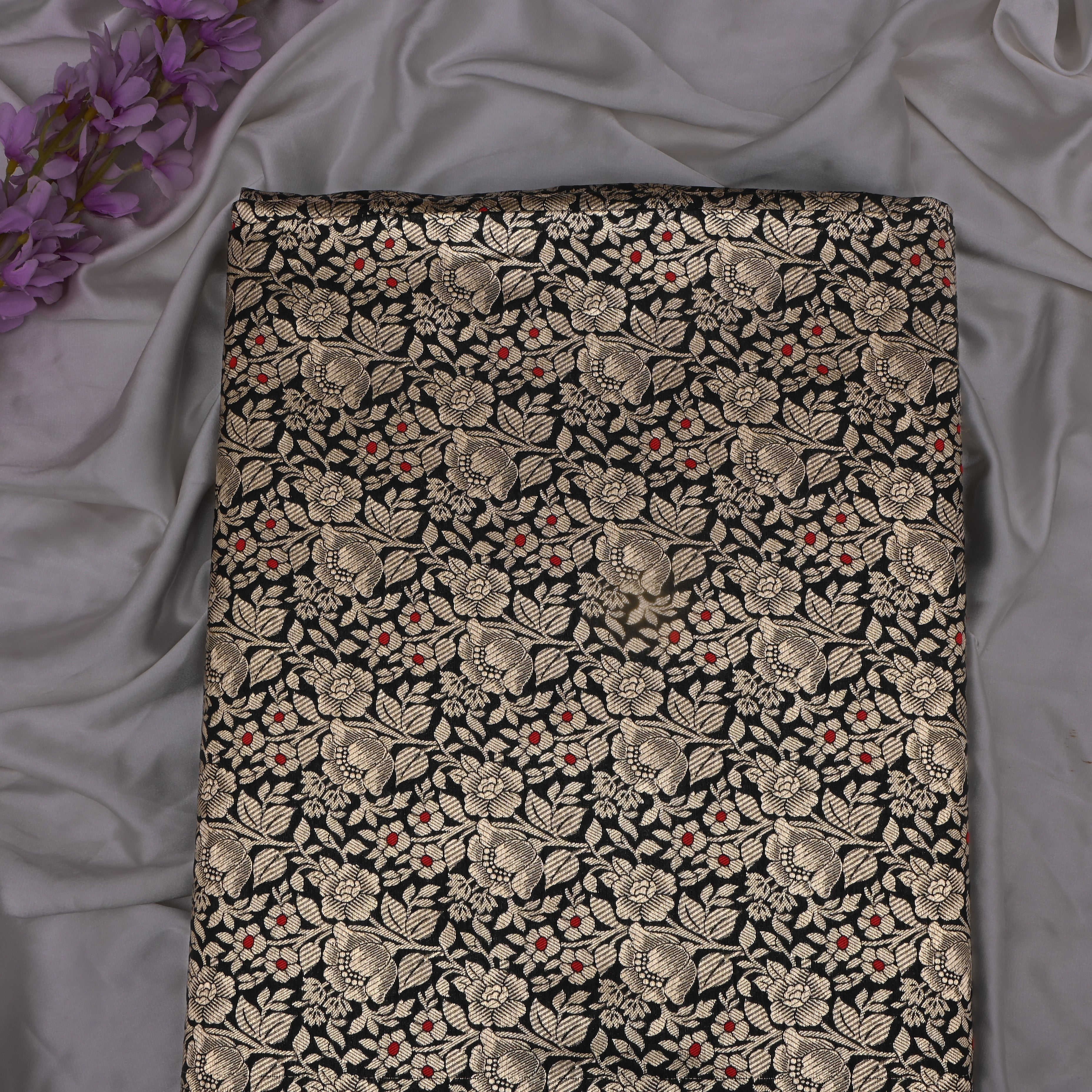 Black Jamawar Silk Fabric With Floral Jaal Weaving