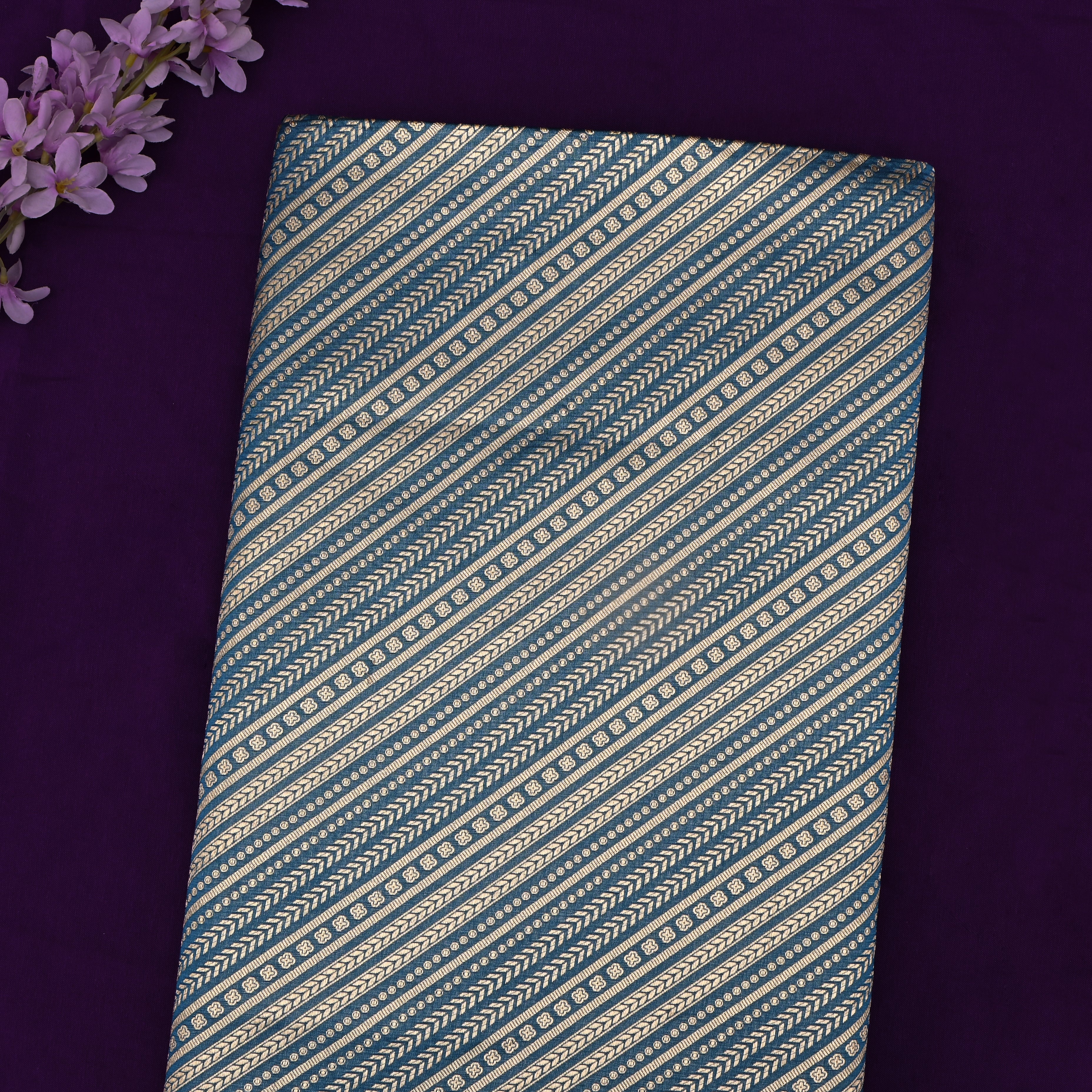 Navy Blue Jamawar Silk Fabric With Diagonal Stripes