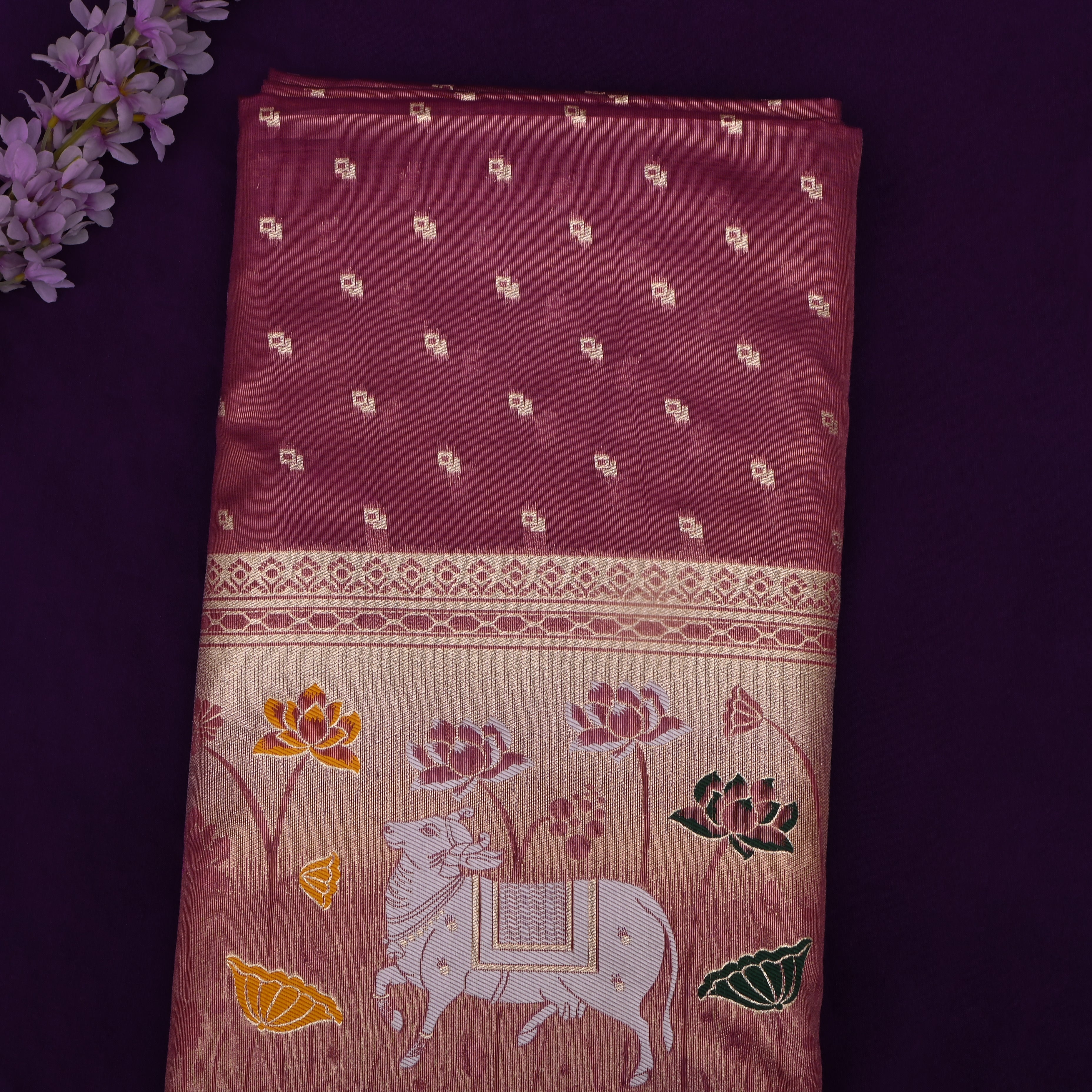 Wine Pink Jamawar Tissue Fabric With Woven Butti'S