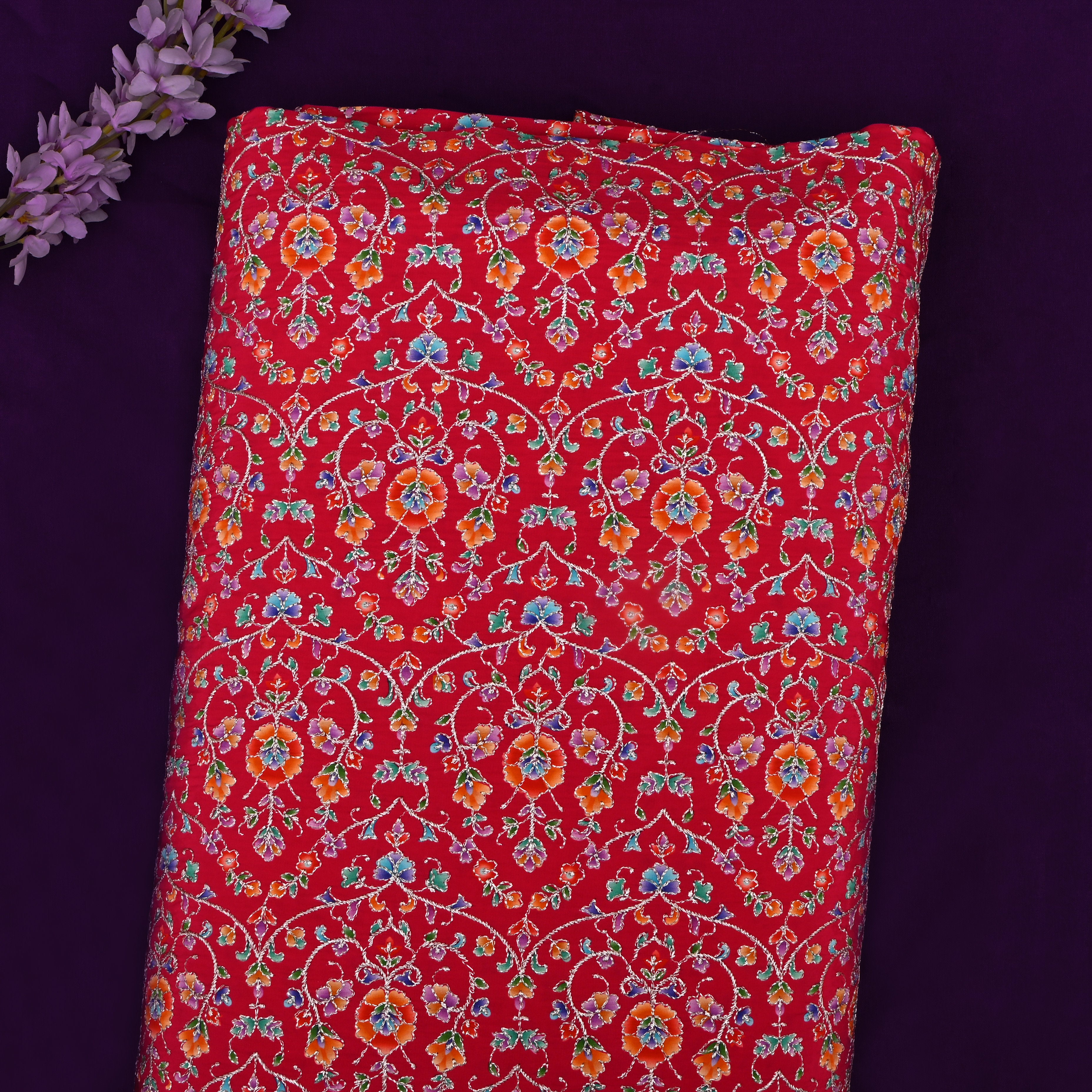 Cherry Red Organza Fabric With Printed Embroidery