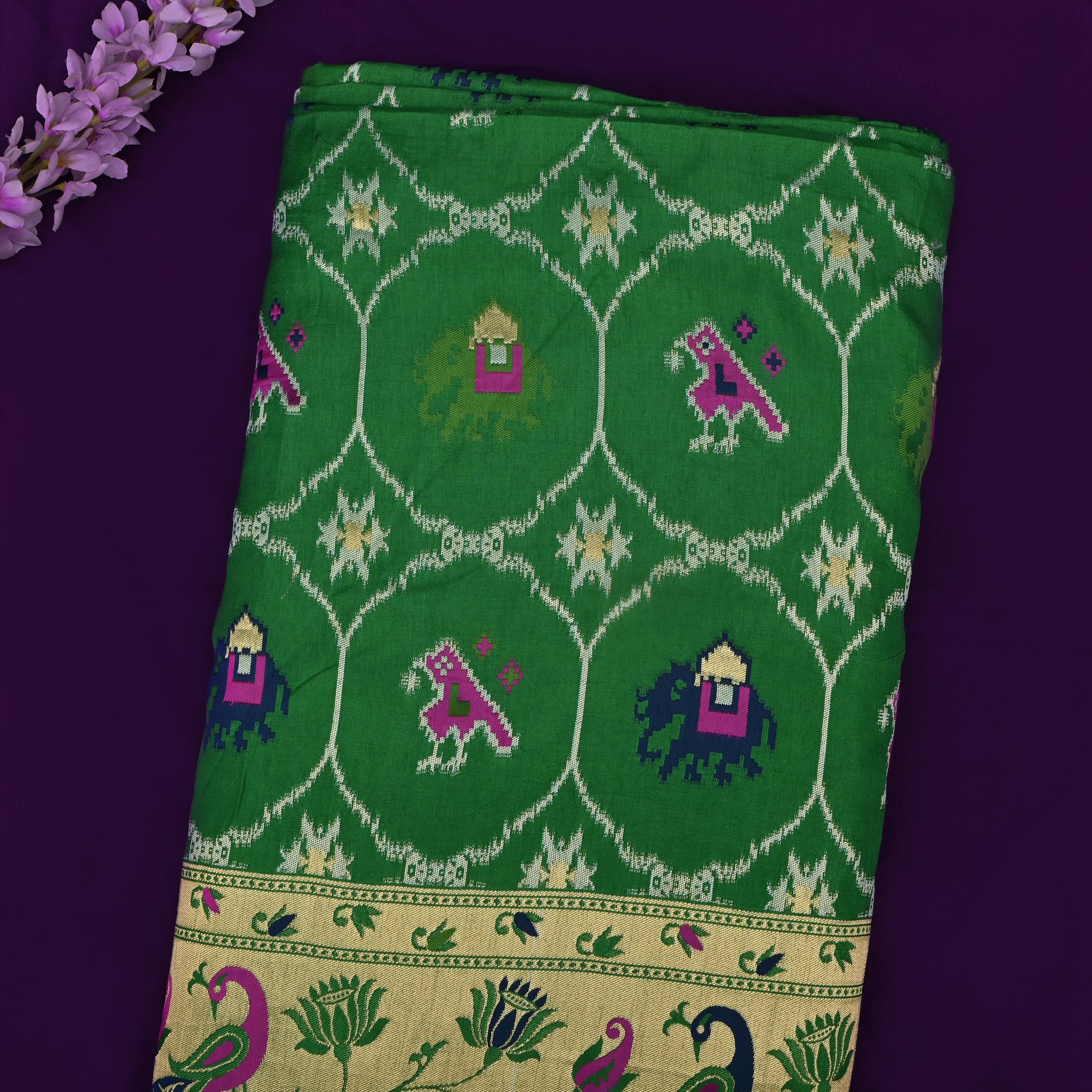 Parrot Green Banarasi Fabric With Paithani Border