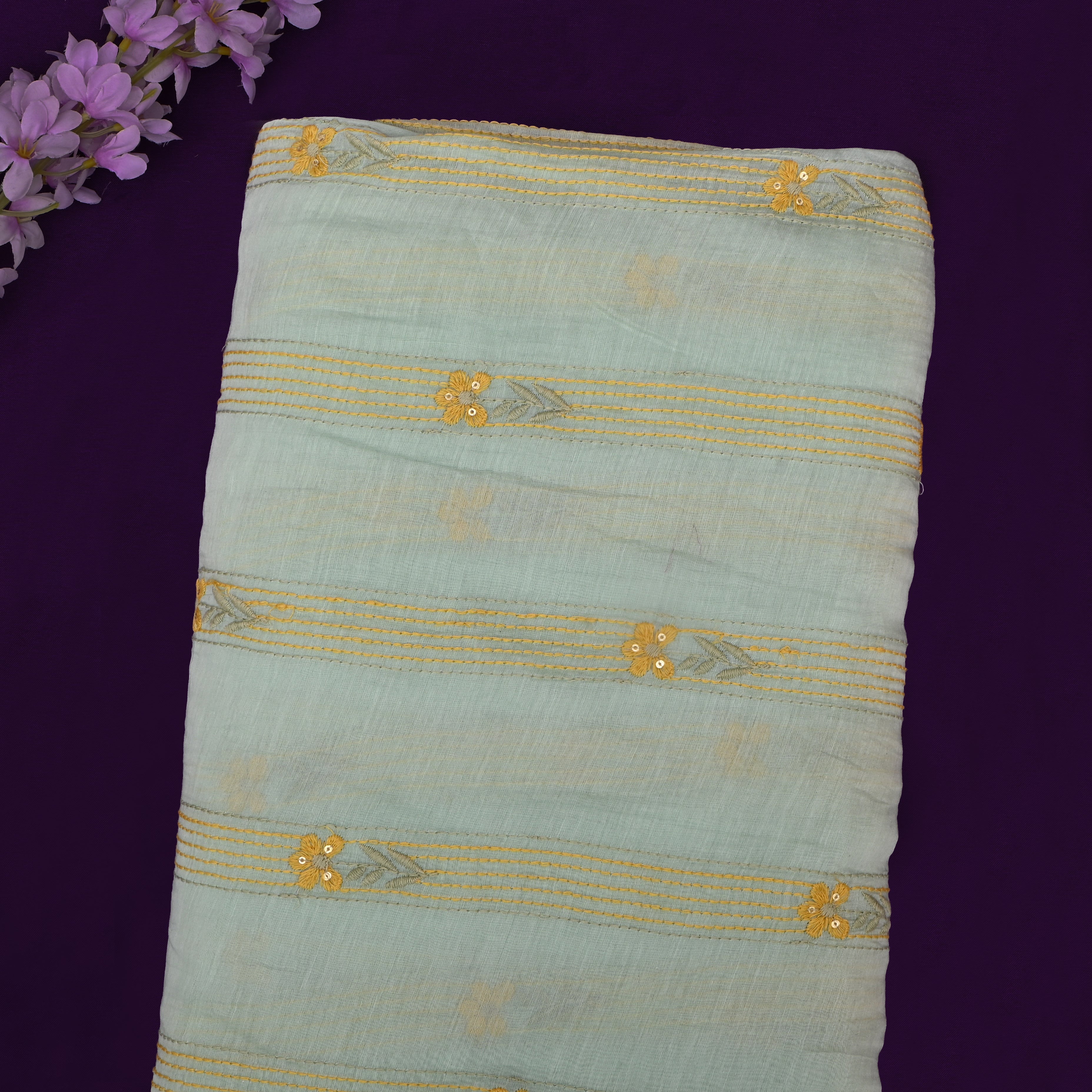 Very Light Green Chanderi Fabric With Thread Embroidery